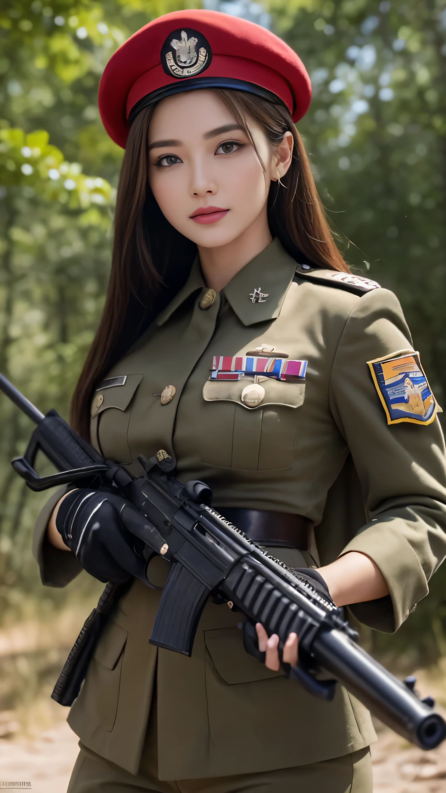 (Best Quality, 8k, Masterpiece:1.3)), Focus:1.2, Perfect Body Beauty:1.4, ((Delicate Hair)), (Military Uniform:1.1), (Red Beret Army: 1.1), (Firearms: 1.1), (Soldier Uniform: 1.1), Military Coat: 1.1) Highly detailed face and skin texture, Detailed eyes, Double eyelids, whitening skin, Big breasts, smile, in the jungle, super detailed face, super detailed eyes, super detailed, hands, super detailed fingers, super detailed body, super fine body, super fine face, super fine eyes, super fine fingers, super fine hands, super fine foots, Holding firearms, rifle, Soldier, Perfect Soldier, weapon, rifle, special force, military, Super detailed firearms, Super Detailed Military Coat, Army, Super fine firearms, Super detailed Beret, Super detailed firearms, Super realistic firearms, super detailed rifle, super realistic, muscular, female soldier, Commissioned Officer, high ranking officer, general rank, with a view of the self-propelled artillery behind her, Super Detailed red beret, realistic view, perfect lighting, military vehicle, army beret, candid, black gloves