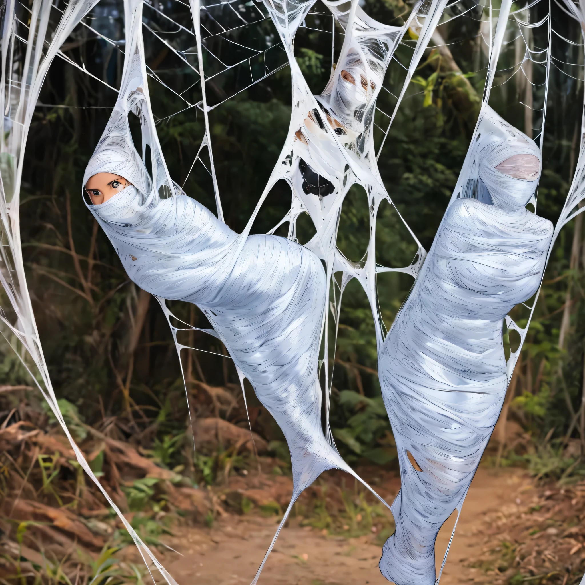 a girl entangled in the spider web, struggle, detailed classroom, (cocoon:1.3), spider web, hanging, spider in the web, spider