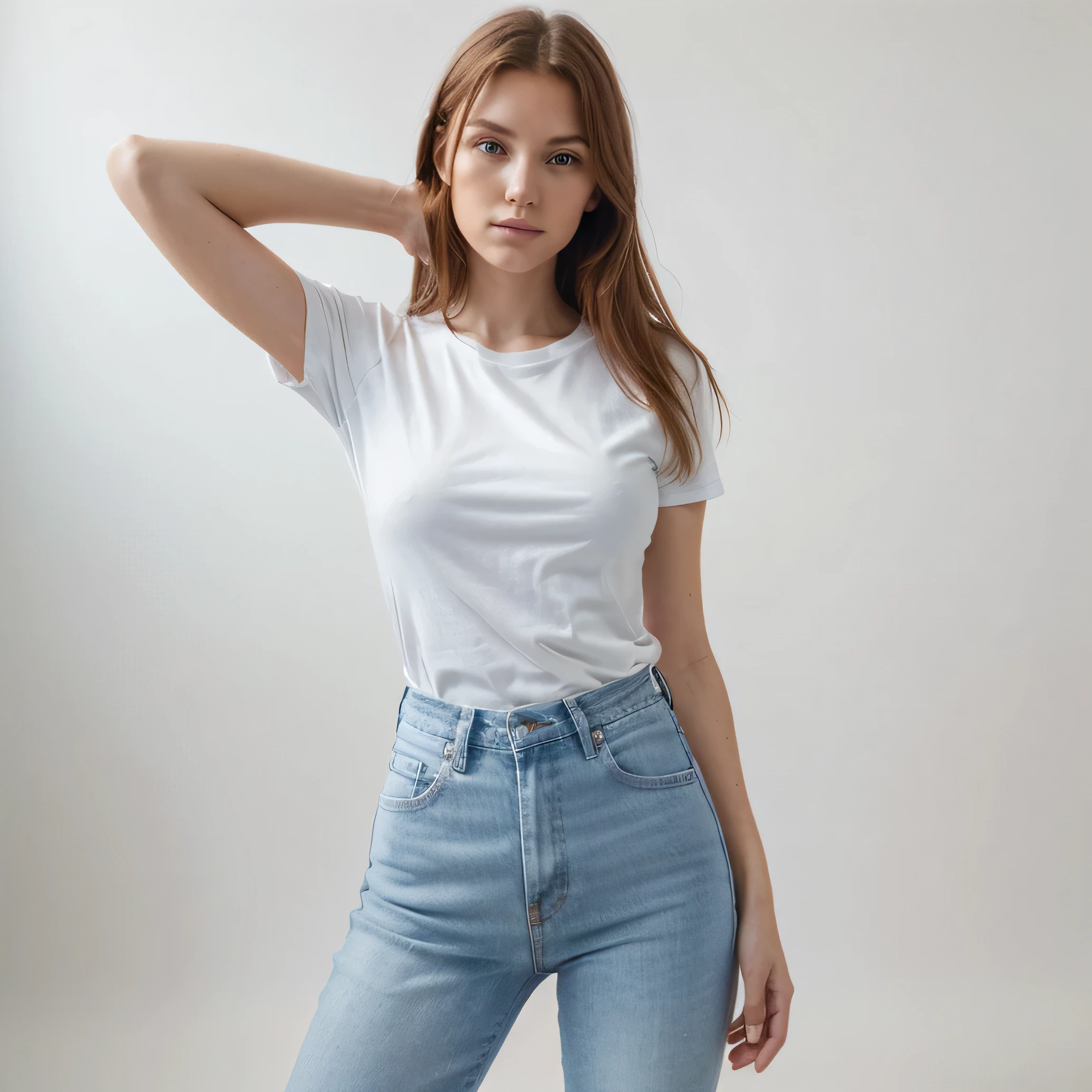 hyperrealistic photo, (a square photo of ginger american beautiful women in plain basic whie t-shirt with blue jeans skinny:1:1), (high detailed skin:1.0), detailed eyes, 8k uhd, dslr, soft lighting, best quality, film grain, Fujifilm XT3, round neck white T-shirt full body length white t-shirt with blue jeans, perfect legs, ankel boots, white background