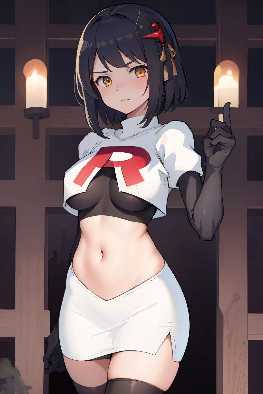 Kujou Sara Genshin, golden eyes,masterpiece, bestquality, 1girls, oversized breasts, head ornament,team rocket,team rocket uniform, red letter R, white skirt,white crop top,black thigh-highs,black elbow gloves