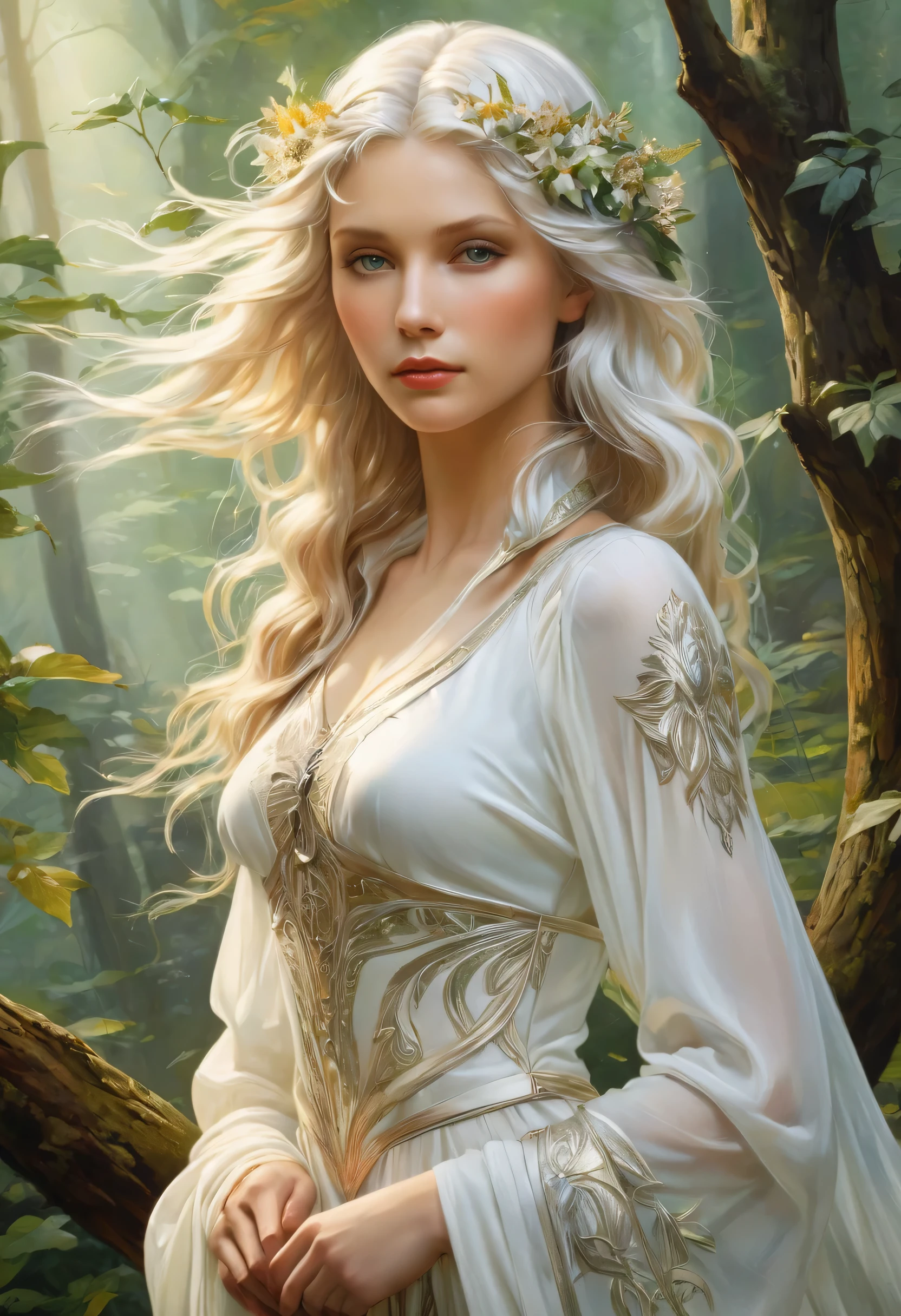 Elfenjungfrau:White woman:elegant:Mori-Leute:Hunter clothing: Mit Silberfaden bestickte Kleidung auf magische jungel Hintergrund:detailliert:, White skin:transparent eterisch, hole body, nettes Profil:Nordic beauty:Scheint nett zu sein: sehr jung, white hair:shiny and smooth, starker Bogen, Yazuki, Waldhintergrund, magischer Wald, portrait, painted with oil paint, Fantasie, herr der Ringe Waldhintergrund, dynamische Komposition, Feel the wind, 14 Jahre alt, normale Ohren, mistische elfen style, Von der Seite, von Alfons Mucha, filmische Beleuchtung, UHD, Super Detail, 8k, Anatomisch korrekt, strukturierte Haut, hohe Details