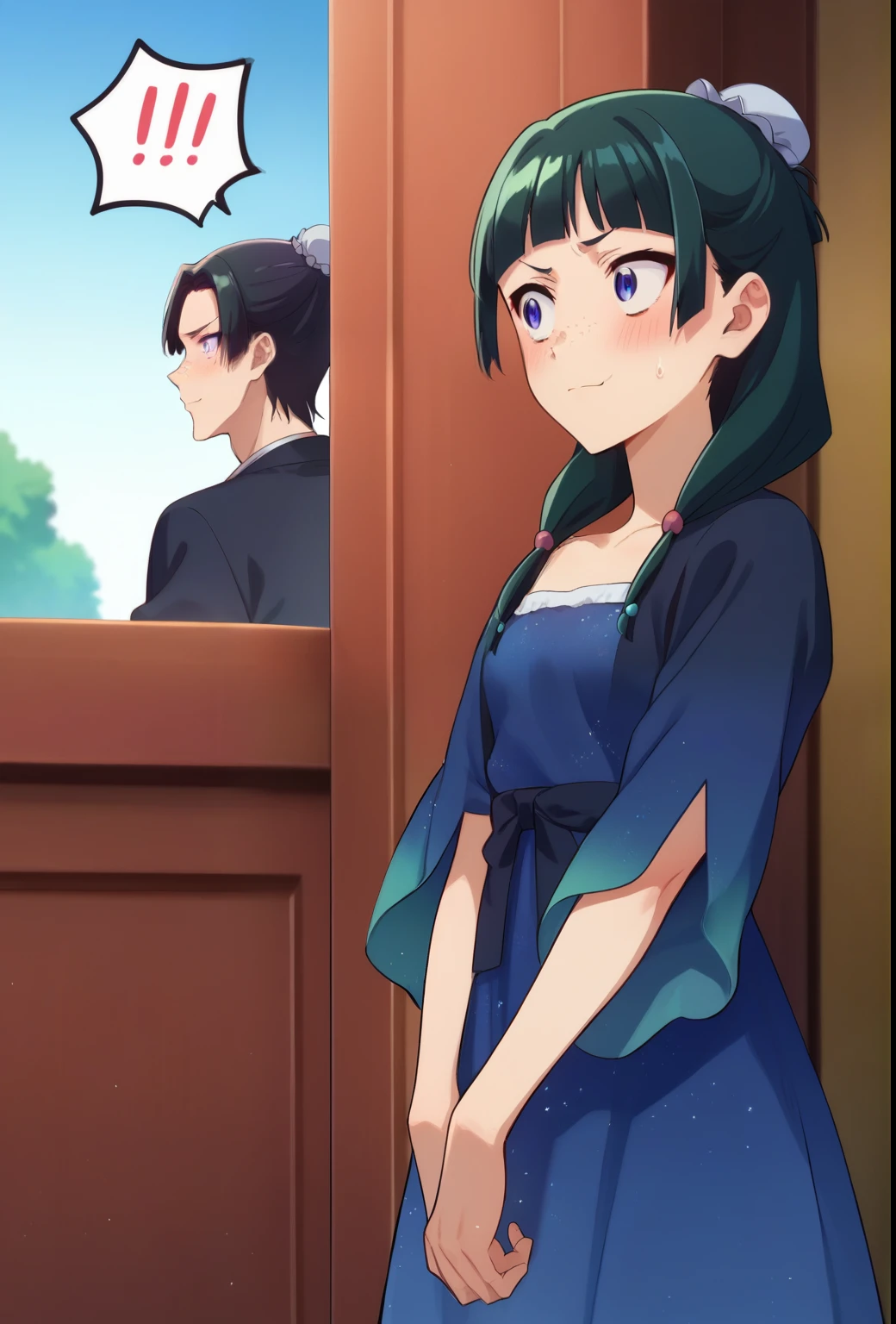 maomao, 1girl, blue eyes, freckles, sidelocks, blunt bangs, low twintails, sparkling dress, blue dress, small breasts, blush, embarassed, looking away,
jinshi, 1boy, bun cover, long hair, purple eyes, parted bangs, black suit, facing viewer, from behind, smile, his head is over her shoulder, over shoulder, BREAK
score_9, score_8_up, score_7_up, score_6_up, anime,(all bodies))