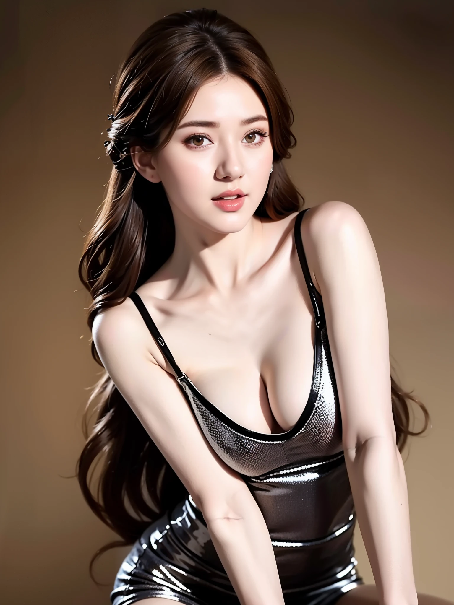 (hyperrealistic), (illustration), (high resolution), (8K), (extremely detailed), (best illustration), (beautiful detailed eyes), (best quality), (ultra-detailed), (masterpiece), (wallpaper), (photorealistic), (natural light), (detailed face), (high detailed realistic skin texture), (anatomically correct), (solo), (1 girl), (high detailed realistic hair), (caramel hair), (heterochromic eyes), (detailed eyes), (brown eyes), (sparkling eyes), (realistic big breasts), (slender abs), (dynamic pose), (closed tiny mouth), (concentrated expression), (upon body from head to thigh), (dimple)