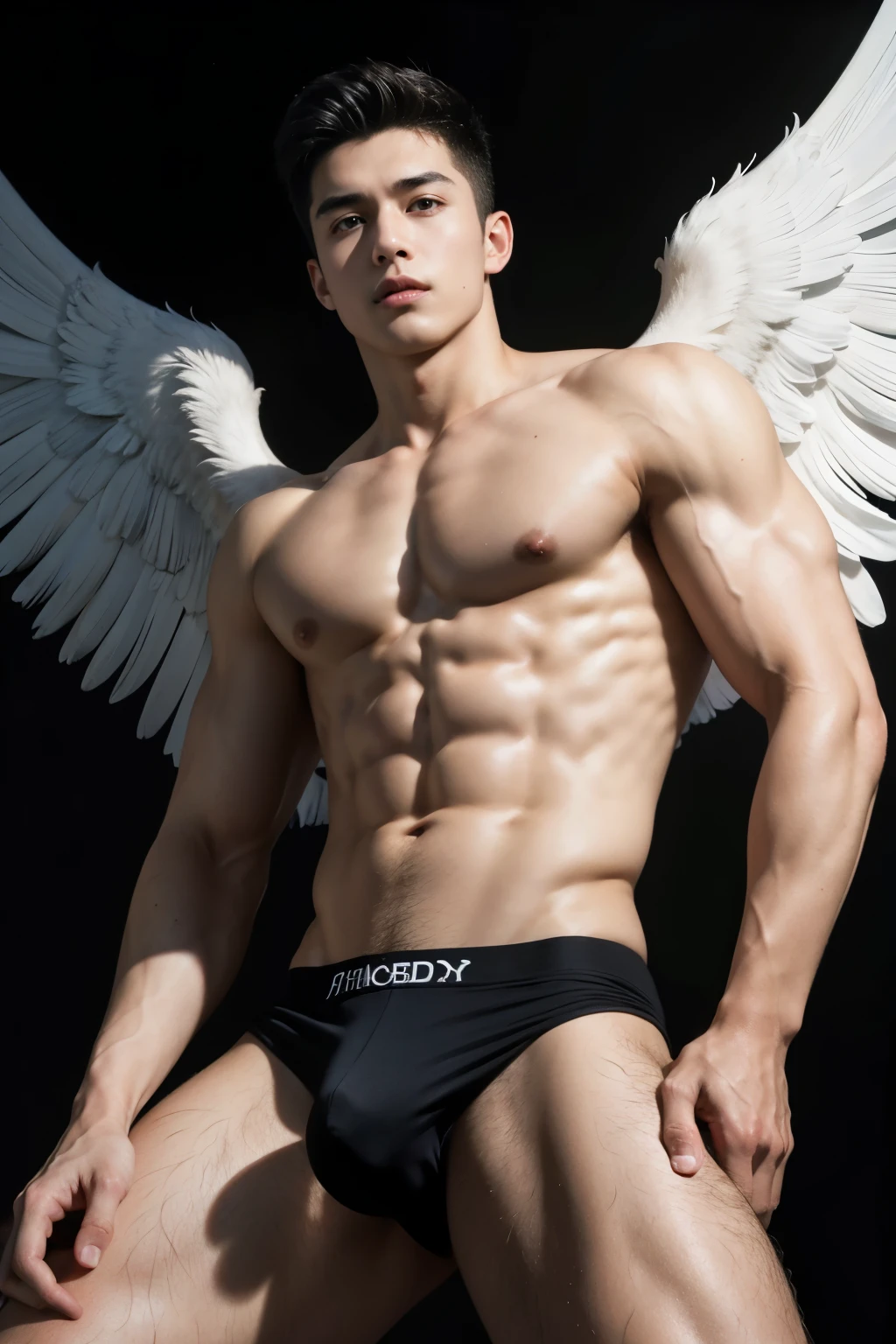 (absurderes, A high resolution, Ultra detailed, hdr), Masterpiece, Best quality, Portrait of a boy, Handsome boy with red eyes, Detailed face, Professional photo, The Arafards went into battle shirtless, Fight comfortably，legs are open, (puffynipple(From below:1.1)), Focus on your audience,18 year old boy, Handsome boy, [ well-defined body ]，angelicales，Six-winged angel，feater，holy rays，Abs，chest muscle，large bulge，