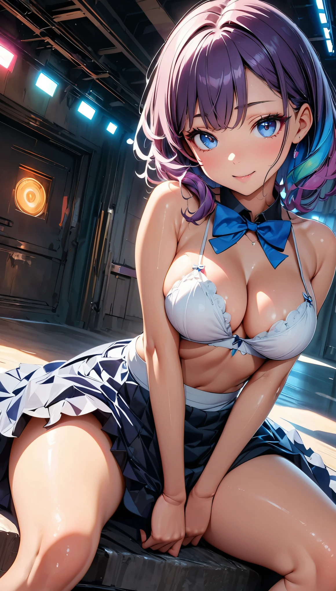 NSFW, (最high quality, 4k, High resolution, masterpiece:1.2), Super detailed, (anime style, realistic:1.37), cinematic light, , (((young woman))), (round eyes), (small face), (high detail skin: 1.2), clavicle, cute face, beautiful appearance, long eyelashes, (rainbow hair, blue eyes), (beautiful breasts:1.5), (slim body shape:1.5), very detailed顔と肌の質感, fine eyes, natural makeup, colorful costumes, gorgeous maid outfit, bewitching woman, sit down and hug your knees, lift the skirt, Enjoying the act, A glimpse of sexy lingerie, staring eyes, beautiful skin, shiny skin, perfect fingers, five fingers, anatomically correct, background bokeh, high quality, surreal, bright colors, ((very detailed, photo shoot)),