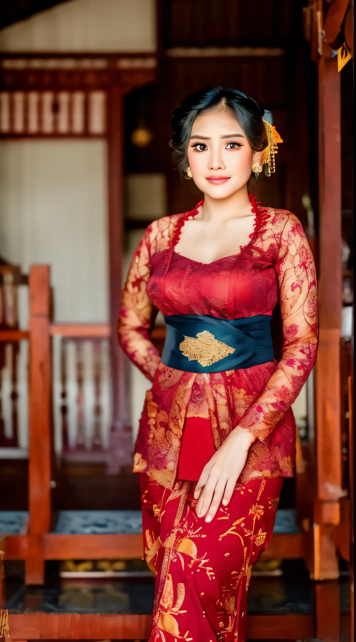 Photography, 1girl, red "Javanese" kebaya clothing,traditional clothing "Indonesian" cloth belt,high detail, ultra realistic, soft focus "Indonesian" Javanese traditional house background, 8K,no defects, photoreal,