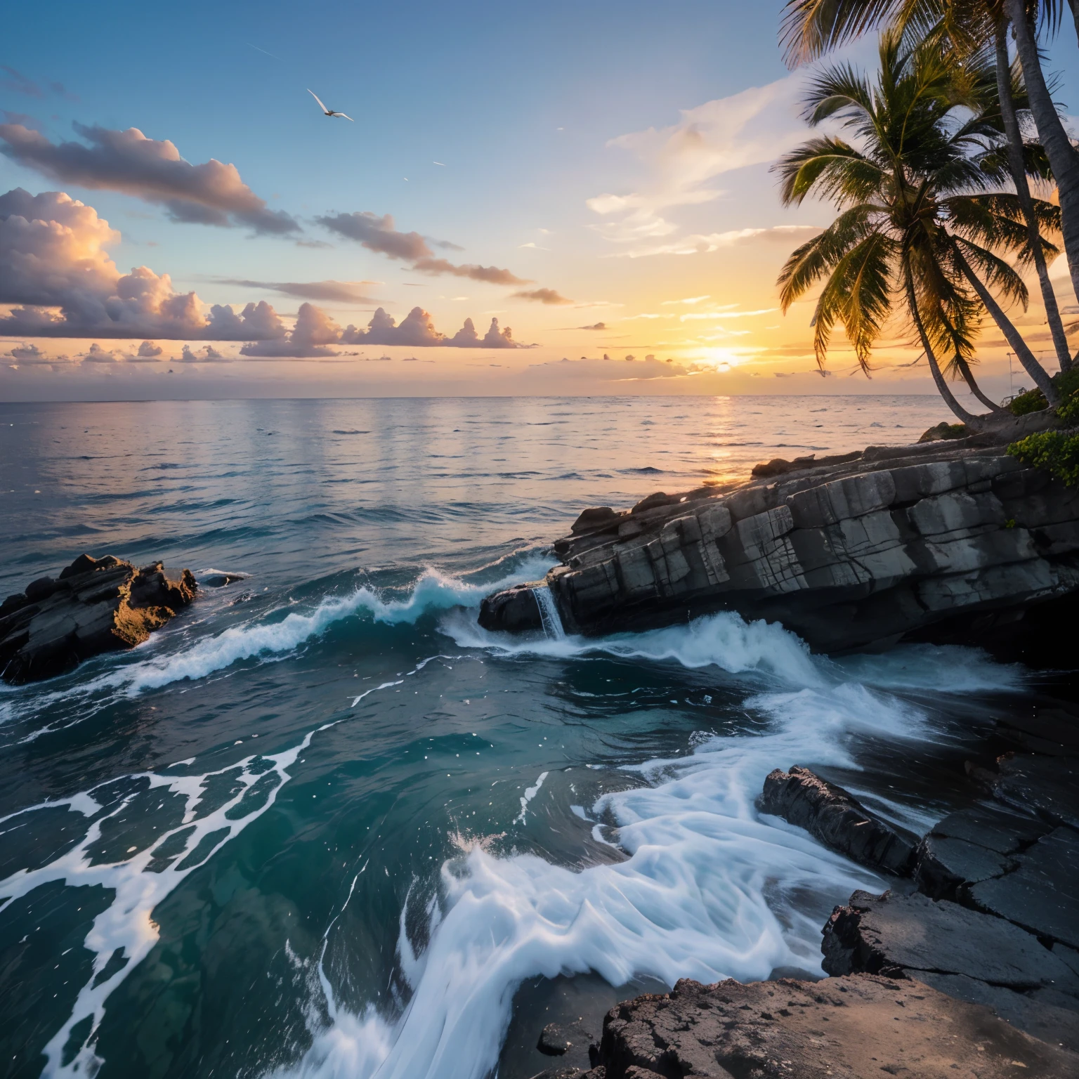 Island with sunset with blue sea and rocks on the side with coconut trees and an eagle attacking 
