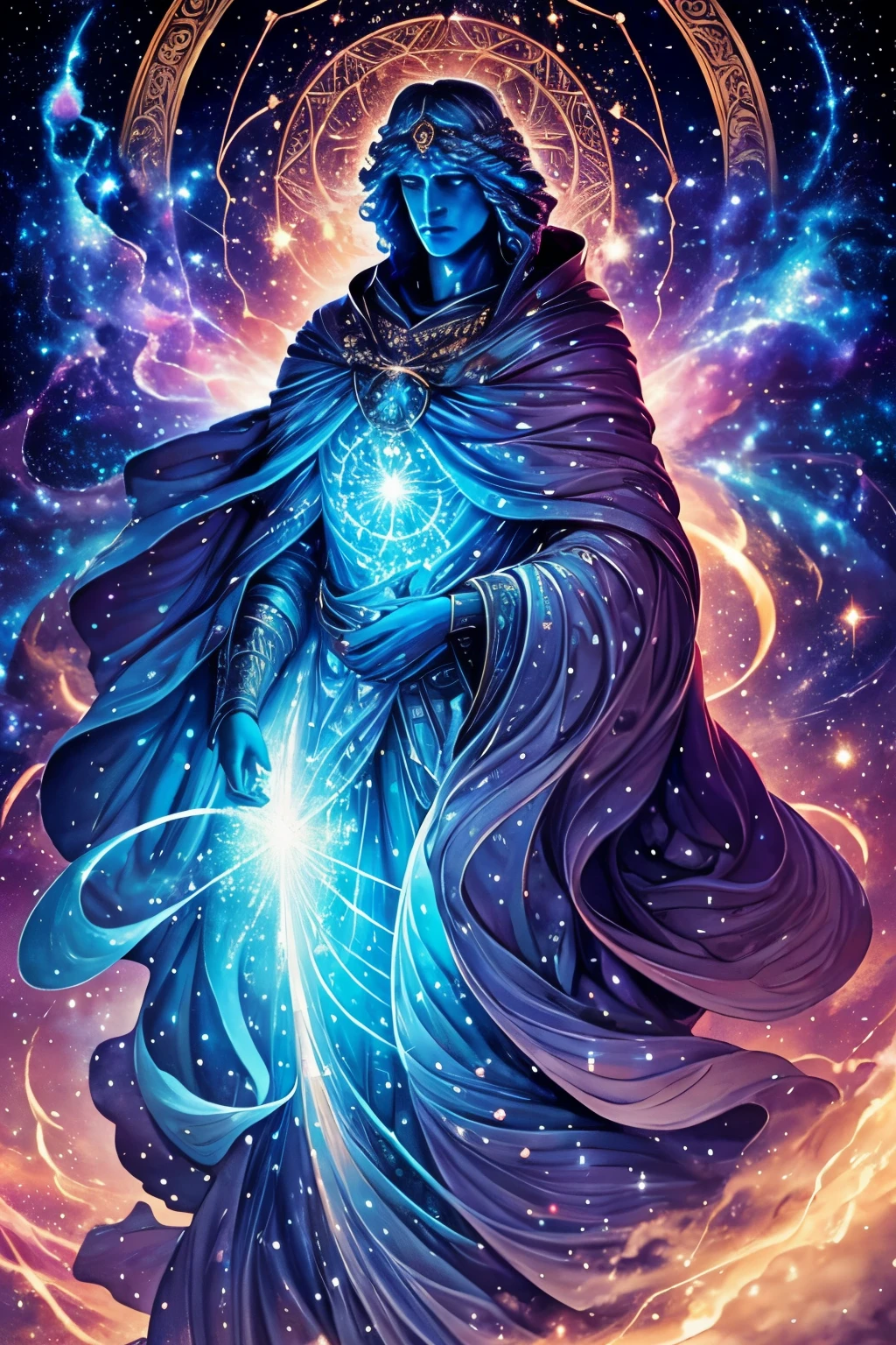 Towering MALE figure against the backdrop of swirling nebulae. Cloaked in garments fashioned from the fabric of time itself. Eyes shimmer like swirling galaxies, exuding ancient wisdom. Trails of stardust follow his every movement, glimmering in cosmic winds. Galaxies burst forth from his fingertips, stars born from divine spark. Stands as the eternal creator of the universe, a beacon of boundless creativity.