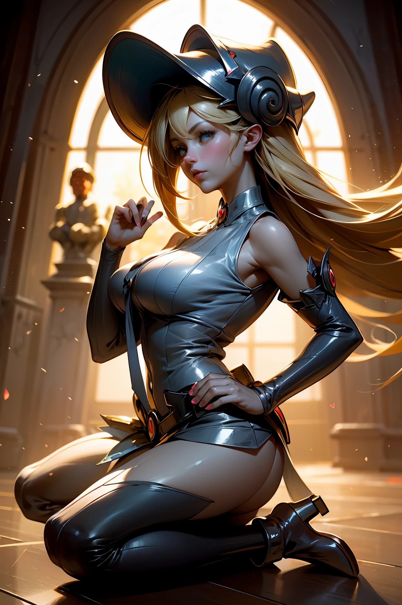 (obra maestra:1.2), (La mejor calidad:1.2), perfect lighting, Chica Maga Oscura lanzando un hechizo, en batalla. flotando en el aire, tetas medianas visibles, escote transparente, bata azul, sombrero grande, desde arriba, Destellos, Yugioh juego, The magic of the heart. LIGHTS OF THE HEART, Romantic heart. Ella usa tacones dorados. En tacones. Tacones 