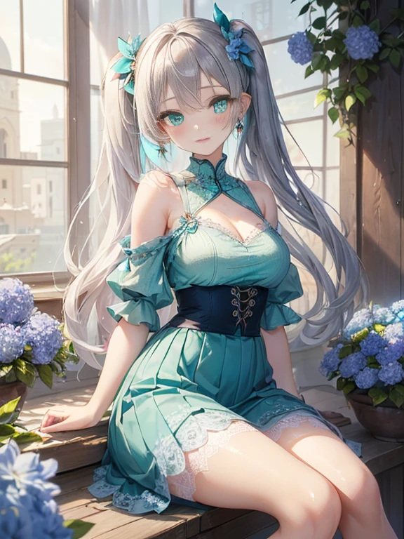 The arrival of spring、big butt、 (alone:1.5,)Super detailed,bright colors, very beautiful detailed anime face and eyes, look straight, ;d, shiny_skin,girl, ((silver long hair,Inner color is red 、forehead is exposed.、green eyes、、shiny hair, delicate beautiful face, blush、(turquoise eyes), White skin, Valletta, earrings,、blue flower field、Gwaites style artwork、Lace long skirt、twin tails