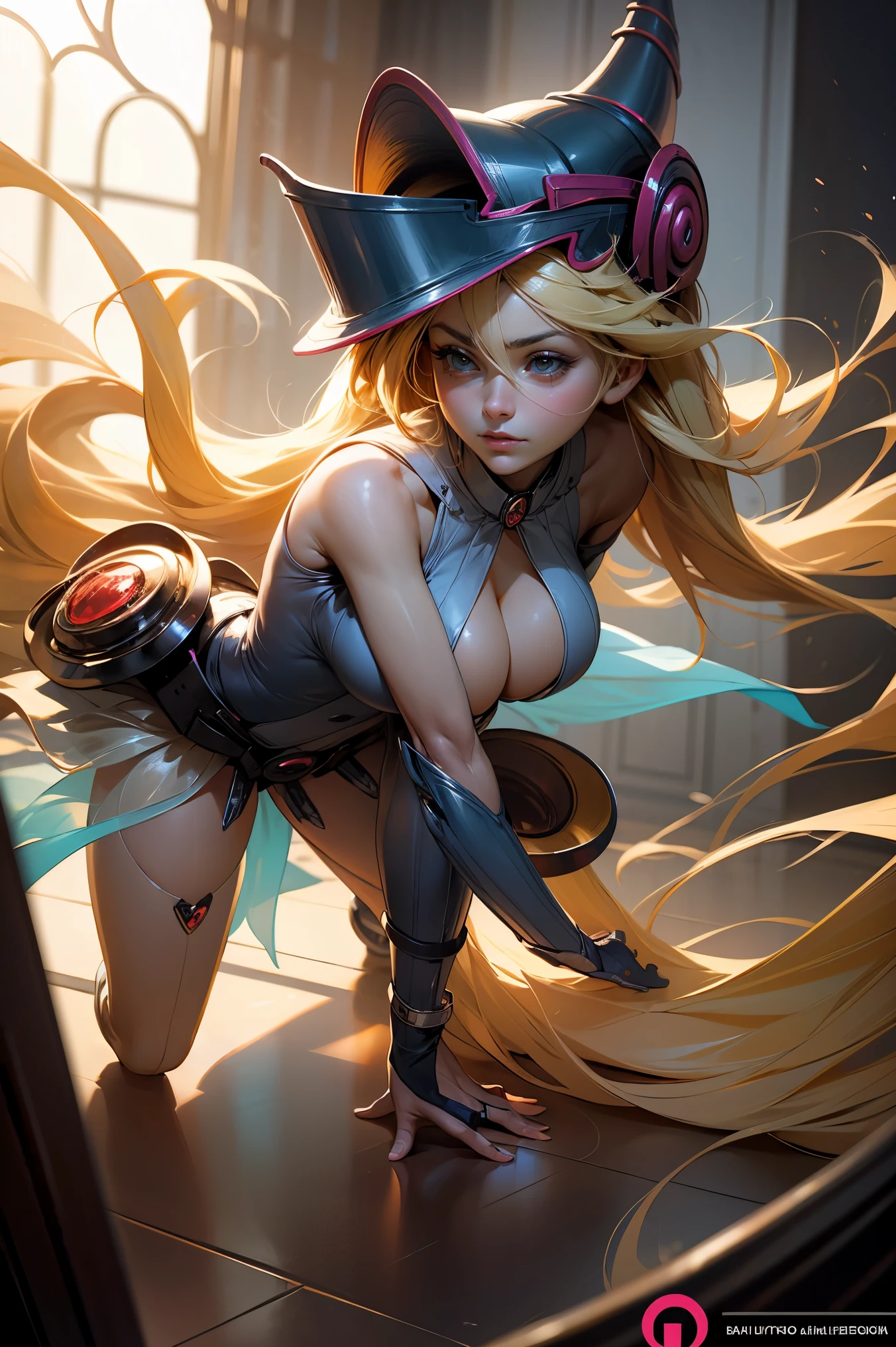 (obra maestra:1.2), (La mejor calidad:1.2), perfect lighting, Chica Maga Oscura lanzando un hechizo, en batalla. flotando en el aire, tetas medianas visibles, escote transparente, bata azul, sombrero grande, desde arriba, Destellos, Yugioh juego, The magic of the heart. LIGHTS OF THE HEART, Romantic heart. Ella usa tacones dorados. En tacones. Tacones 