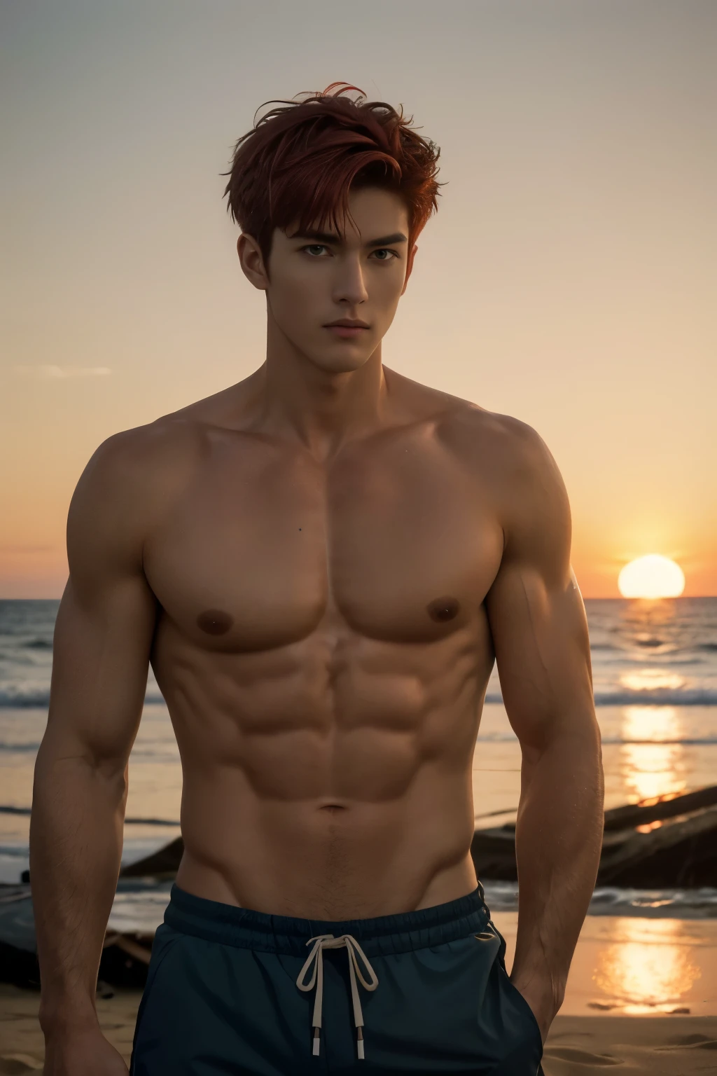 masterpiece, best quality, 1 man, red hair, red eyes, forked hair, short hair, long bangs, handsome, handsome, masculine, gentle, tall, quiet, abs. Upper body bare skin. Sunset beach. Bonfire. Camp. Survival. Shorts. Camping rice. Camping. Bonfire. Campfire. Grill the fish on the bonfire. Japanese.