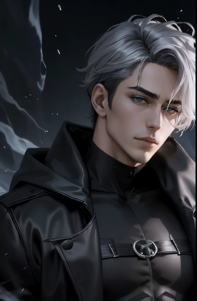 Manhwa Arte Europeo, homem de 25 anos, Pelo desordenado de la cabecera, Cabelo preto azeviche, Olhos penetrantes, gray iris, sobrancelhas grossas, Wearing black coat with demon skull logo, queixo afiado, mirada penetrante, Personagem frio e misterioso, 8k, recursos detalhados, muito bonito
