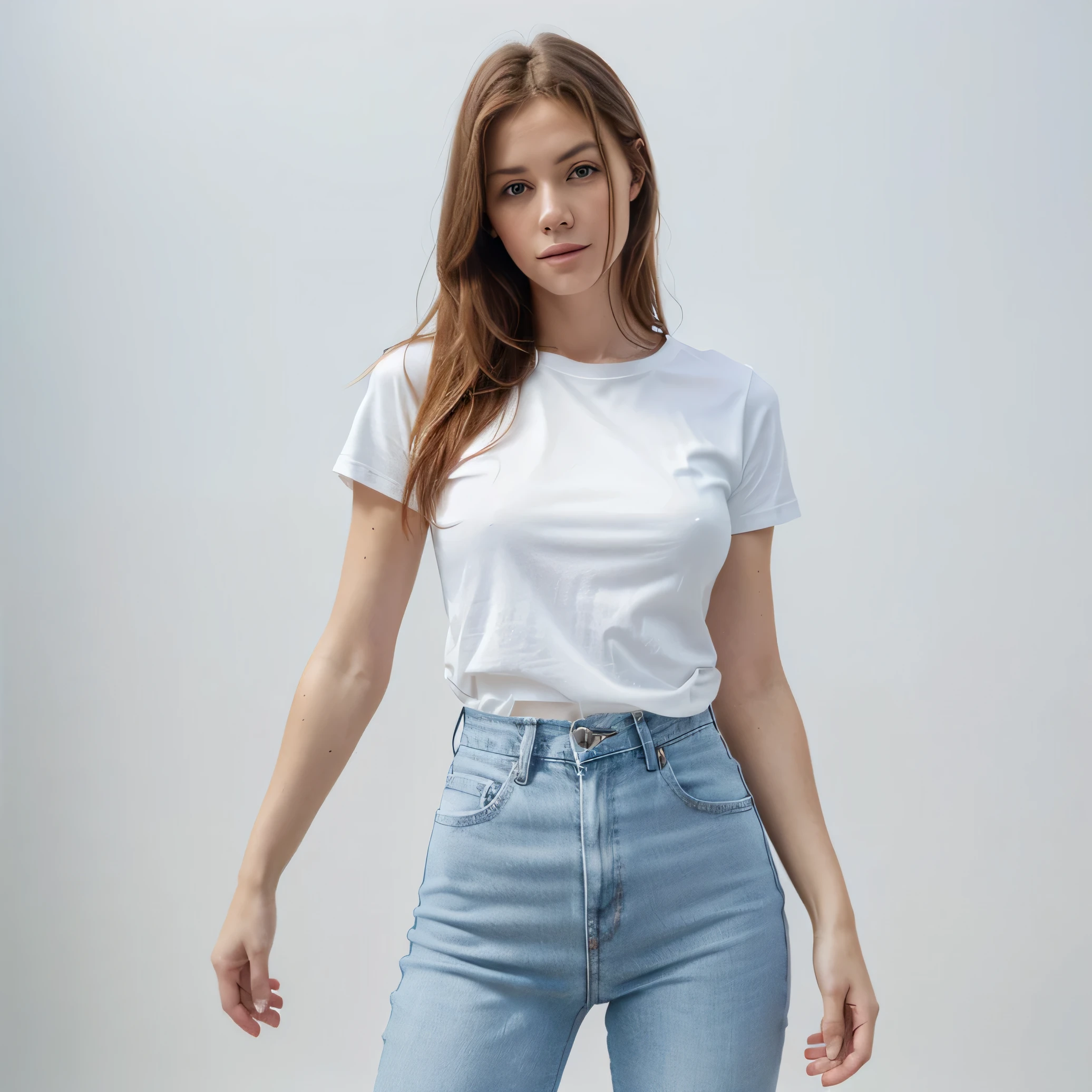 hyperrealistic photo, (a square photo of 28 years old ginger american beautiful women in plain basic whie t-shirt with blue jeans skinny:1:1), (high detailed skin:1.0), detailed eyes, 8k uhd, dslr, soft lighting, best quality, film grain, Fujifilm XT3, round neck white T-shirt full body length white t-shirt with blue jeans, perfect legs, ankel boots, white background for mockup