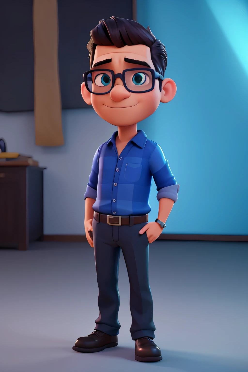 A cartoon character of a man with black glasses and a blue shirt, sentado com a parte superior do corpo apoiada, admirando um frameshot de 3D stylized rendering em tela. He wears cinematic lighting glasses, observando detalhes shiny e texturas intricadas da imagem, com a peles e detalhes de alta qualidade (8k resolution), refletindo o estilo Pixar (1.2). The screen glows with cinematic clay and smooth bokeh, enquanto o personagem detalhado, com detalhes de close up, assume