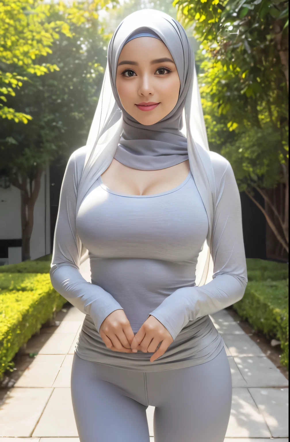 RAW, Best quality, high resolution, masterpiece: 1.3), beautiful Malay, 5 woman in hijab,Masterpiece, perfect slim fit body, (big breasts), big gorgeous eyes, Soft smile, wear a light grey very tight shirt & very tight transparent leggings, necklace, shairband, afternoon walk, City garden, Excellent lighting, Bright colors, Clean lines