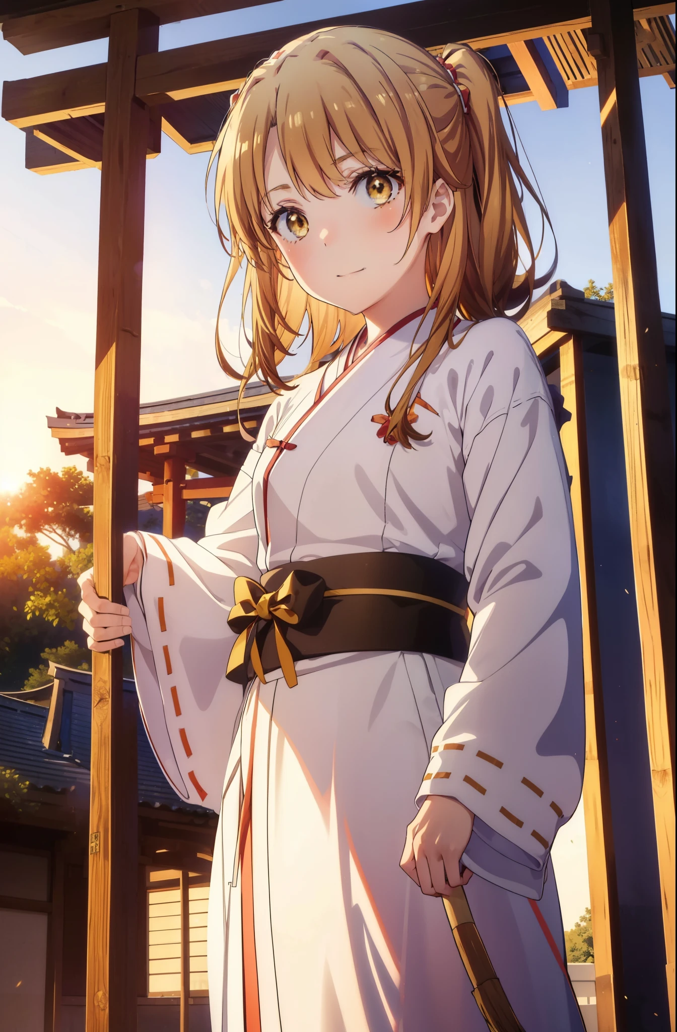 irohaisshiki, iroha isshiki, long hair, brown hair, (brown eyes:1.5), smile,blush,Platycodon,Miko, kimono, kimono, same as skirt, wide sleeve, long sleeve, ribbon trim sleeves, low ponytail, Have a bamboo broom,looking at the viewer, Are standing, torii,morning,morning日,the sun is rising,
break outdoors, shrine,
break looking at viewer,
break (masterpiece:1.2), highest quality, High resolution, unity 8k wallpaper, (figure:0.8), (detailed and beautiful eyes:1.6), highly detailed face, perfect lighting, Very detailed CG, (perfect hands, perfect anatomy),