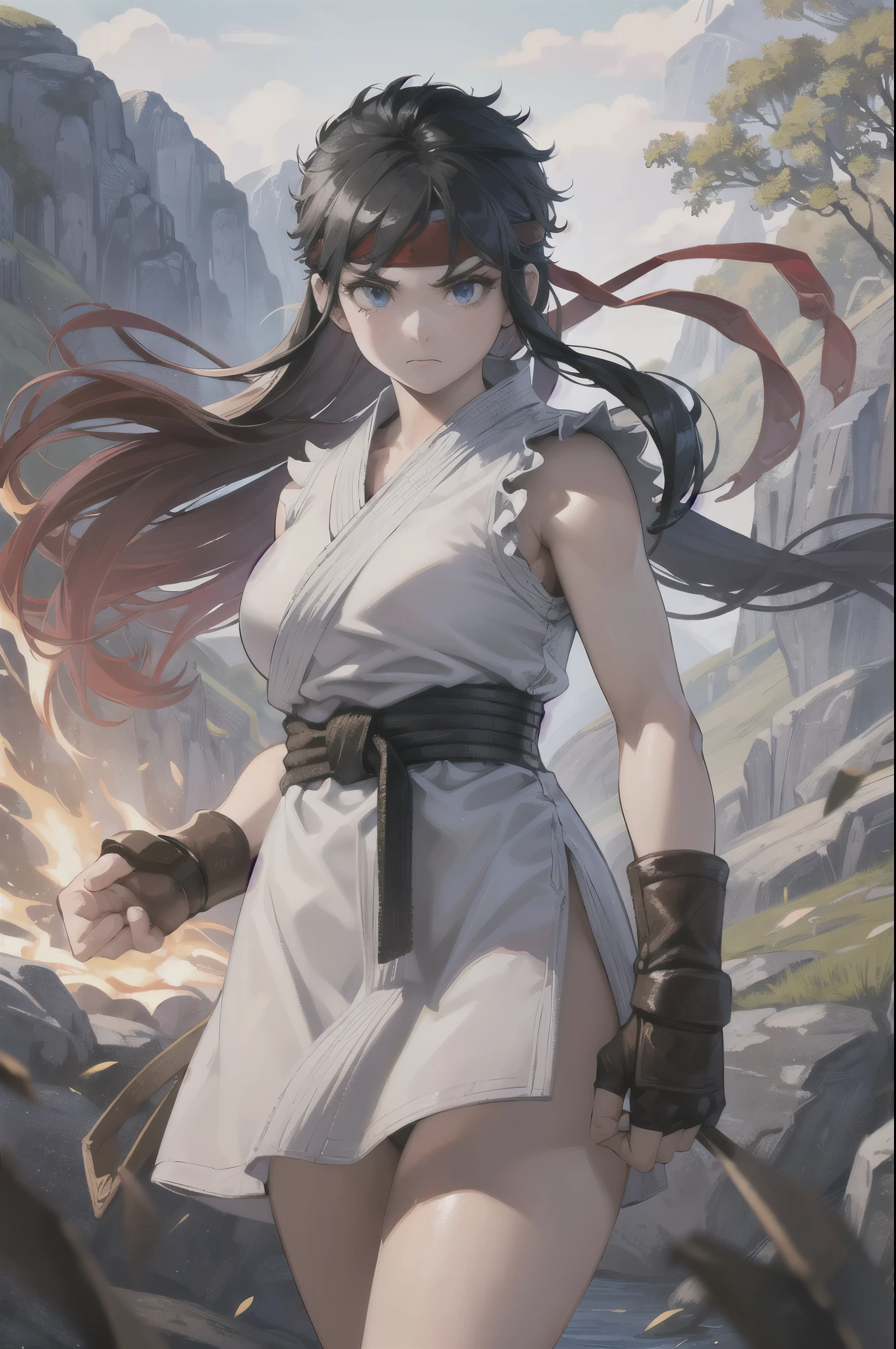 (masterpiece, best quality:1.2), expressive eyes, perfect face, highres, 1girl, solo, ryu \(sf\), (female:1.5), black hair, long hair, dougi, fingerless gloves, headband, no pants, standing, cowboy shot, looking at the viewer