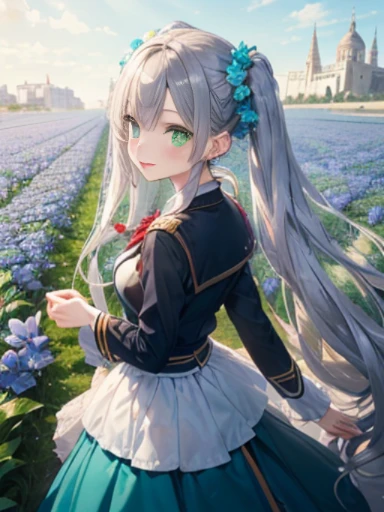 The arrival of spring、big butt、 (alone:1.5,)Super detailed,bright colors, very beautiful detailed anime face and eyes, look straight, ;d, shiny_skin,girl, ((silver long hair,Inner color is red 、forehead is exposed.、green eyes、、shiny hair, delicate beautiful face, blush、(turquoise eyes), White skin, Valletta, earrings,、blue flower field、anna millers uniform、Lace long skirt、twin tails