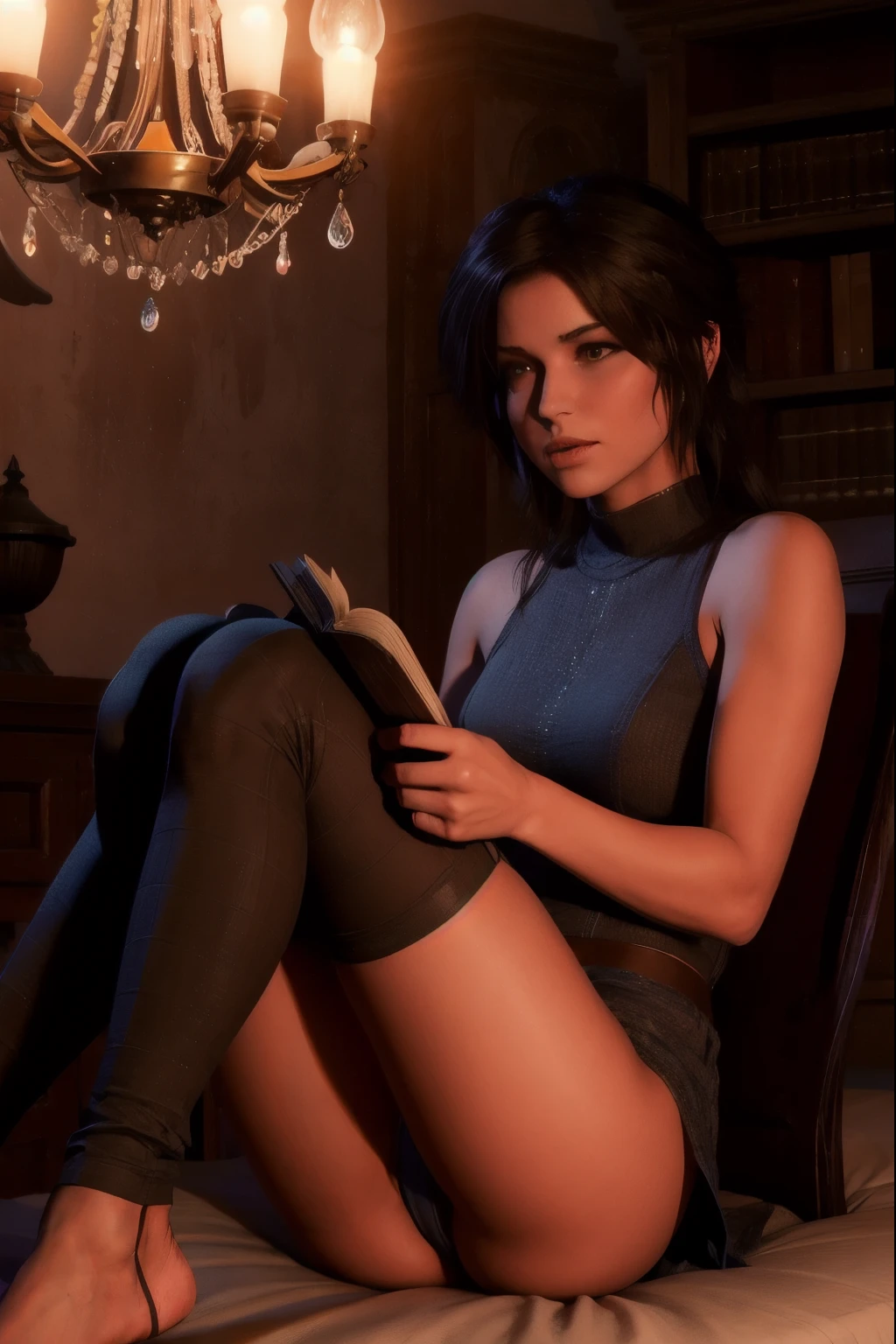 una foto de rottr_mujer lacrift, vistiendo una camiseta apretada, pantalones de toga apretados, calcetines, descalza, descalza y con calcetines, He is in his bed comfortably reading a book, ((piel extremadamente detallada)), (ojos perfectoanos perfectas))), (caderas curvas:0.8), (cinematic lighting), (desaturado:1.05), 8K, (bokeh), ultra high resolution, piernas, in a room in a castle, It's cold outside but the room is warm, from side, desde el lado, Lateral angle, cuerpo entero
