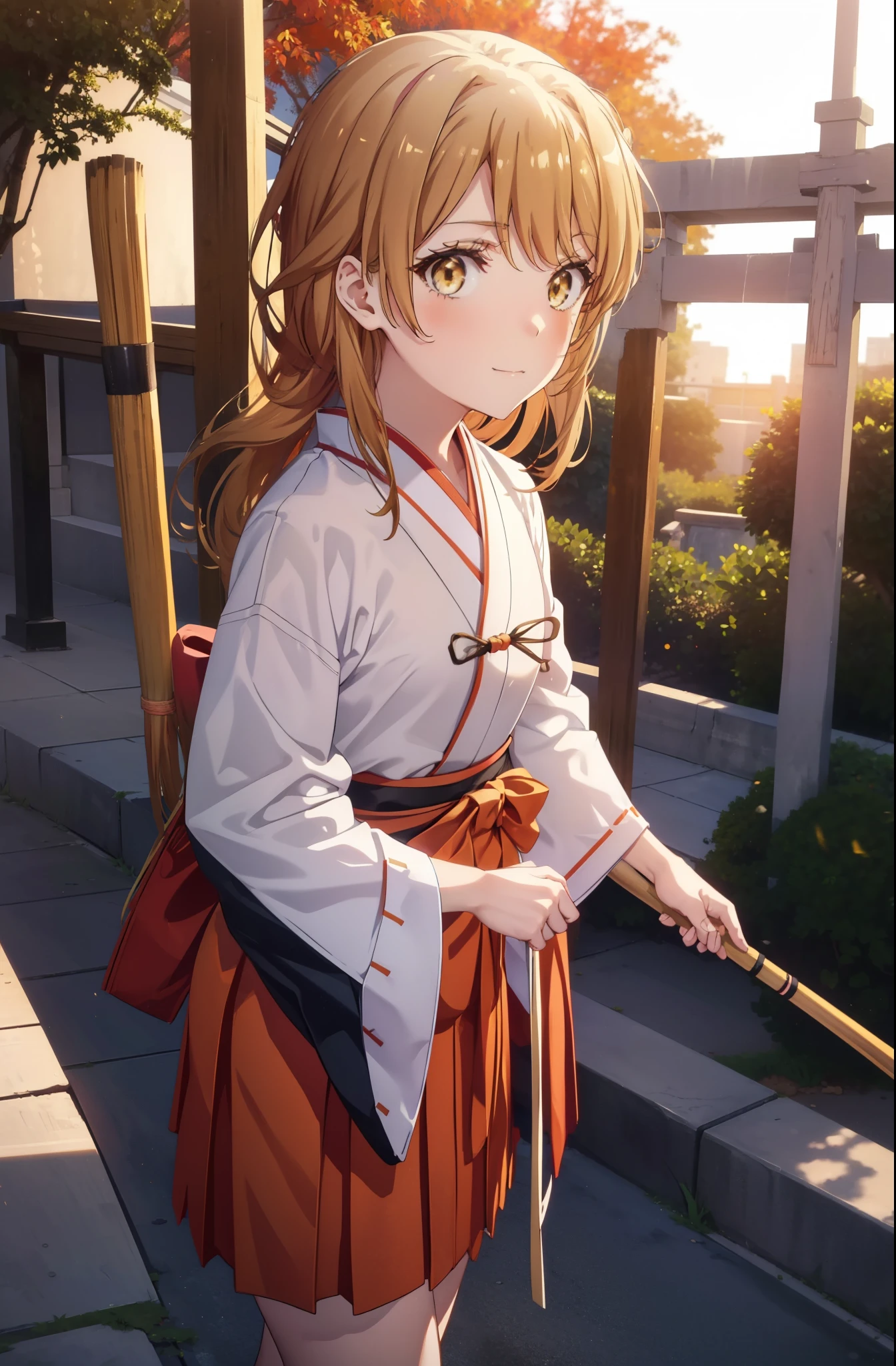 irohaisshiki, iroha isshiki, long hair, brown hair, (brown eyes:1.5), smile,blush,Platycodon,Miko, kimono, kimono, red hakama,white foot bag,Zori sandals,same as skirt, wide sleeve, long sleeve, ribbon trim sleeves, low ponytail, Have a bamboo broom,looking at the viewer, Are standing, torii,morning,morning日,the sun is rising,
break outdoors, shrine,
break looking at viewer,
break (masterpiece:1.2), highest quality, High resolution, unity 8k wallpaper, (figure:0.8), (detailed and beautiful eyes:1.6), highly detailed face, perfect lighting, Very detailed CG, (perfect hands, perfect anatomy),