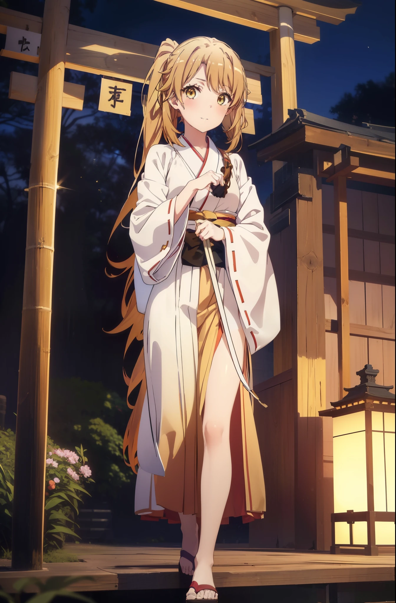 irohaisshiki, iroha isshiki, long hair, brown hair, (brown eyes:1.5), smile,blush,Platycodon,Miko, kimono, kimono, red hakama,white foot bag,Zori sandals,same as skirt, wide sleeve, long sleeve, ribbon trim sleeves, low ponytail, Have a bamboo broom,looking at the viewer, Are standing, torii,morning,morning日,the sun is rising,
break outdoors, shrine,
break looking at viewer,
break (masterpiece:1.2), highest quality, High resolution, unity 8k wallpaper, (figure:0.8), (detailed and beautiful eyes:1.6), highly detailed face, perfect lighting, Very detailed CG, (perfect hands, perfect anatomy),