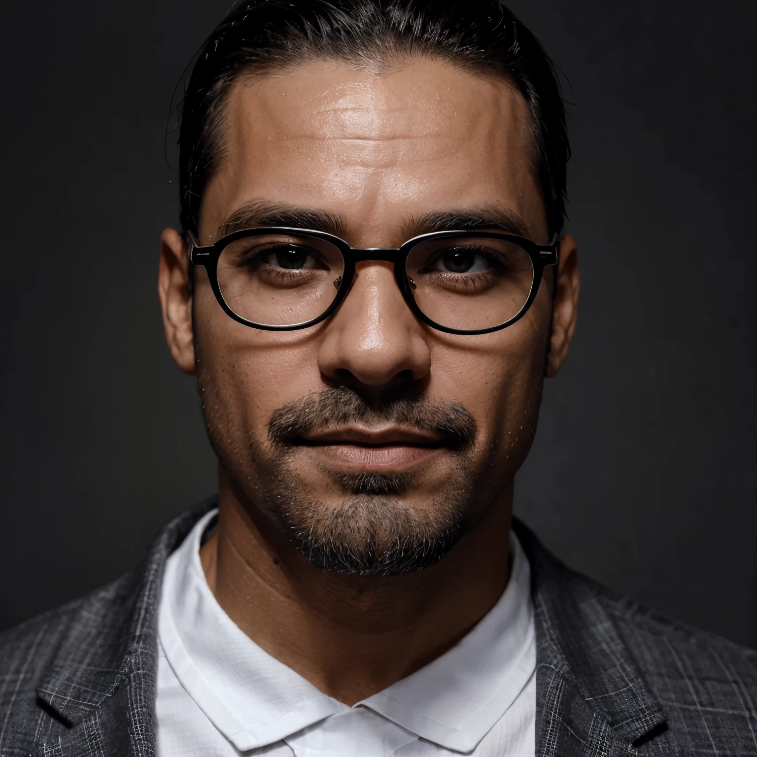 Um homem de 41 anos, moreno, com cabelo preto curto,cara de diamante, barba, olhar estrito, and black eyes wearing a white shirt with tie and glasses.