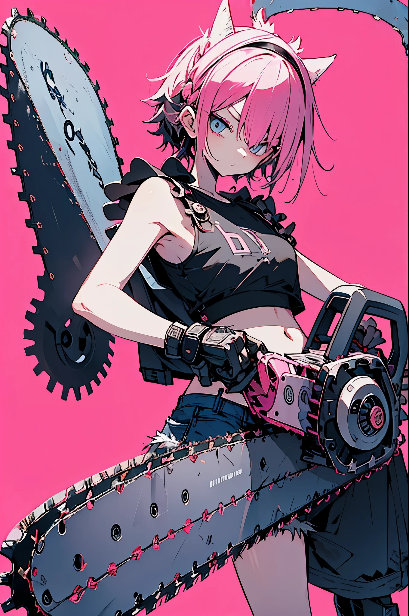 Best image quality,(best quality:1.1),(ultra-detailed:1.1), cowboy shot, (one woman, punk fashion woman, pink spiky hair, other shaved, sharp eyes, sparkling blue eyes, glaring expression), (black leather jacket with lots of studs, short pink tank top, rabbit illustration, low-rise denim shorts with visible belly button, black work boots), (Holding a chainsaw:1.5),dynamic pose, dynamic angle, red stucco wall background,