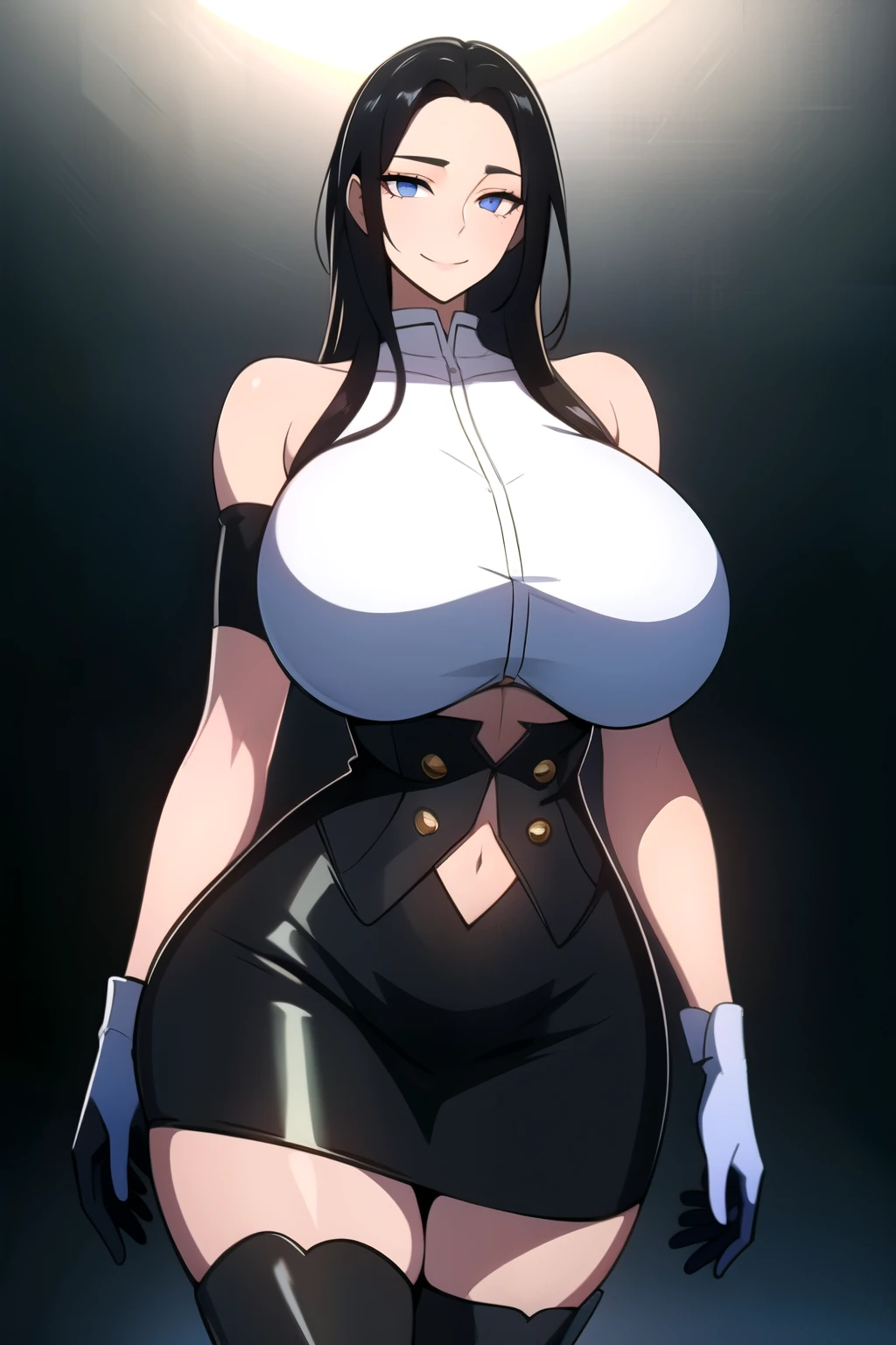 masterpiece, best quality, absurdres, 8k, perfect shadows,perfect lighting,hdr, cowboy shot,shiny skin,skindentation, beautiful body, kafka, ((black hair: 1.4)), long hair, green eyes,  (crop top, underboob, elbow gloves, thigh boots, split skirt, bare shoulders, curvy, midriff, curvy, thighs, higheels, shiny clothes), complex detailed background, inside, luxury palace) (gigantic breasts,hourglass body, thin waist,very slim waist)extremely detailed face,detailed eye makeup, detail face, nice detailed eyes,nice hands, perfect hands (realistic pupils,realistic iris:1) heavy eye makeup,glowing eyes, Bright eyes,standing,standing at attention,(seductive smile), gigantic breasts, curvy