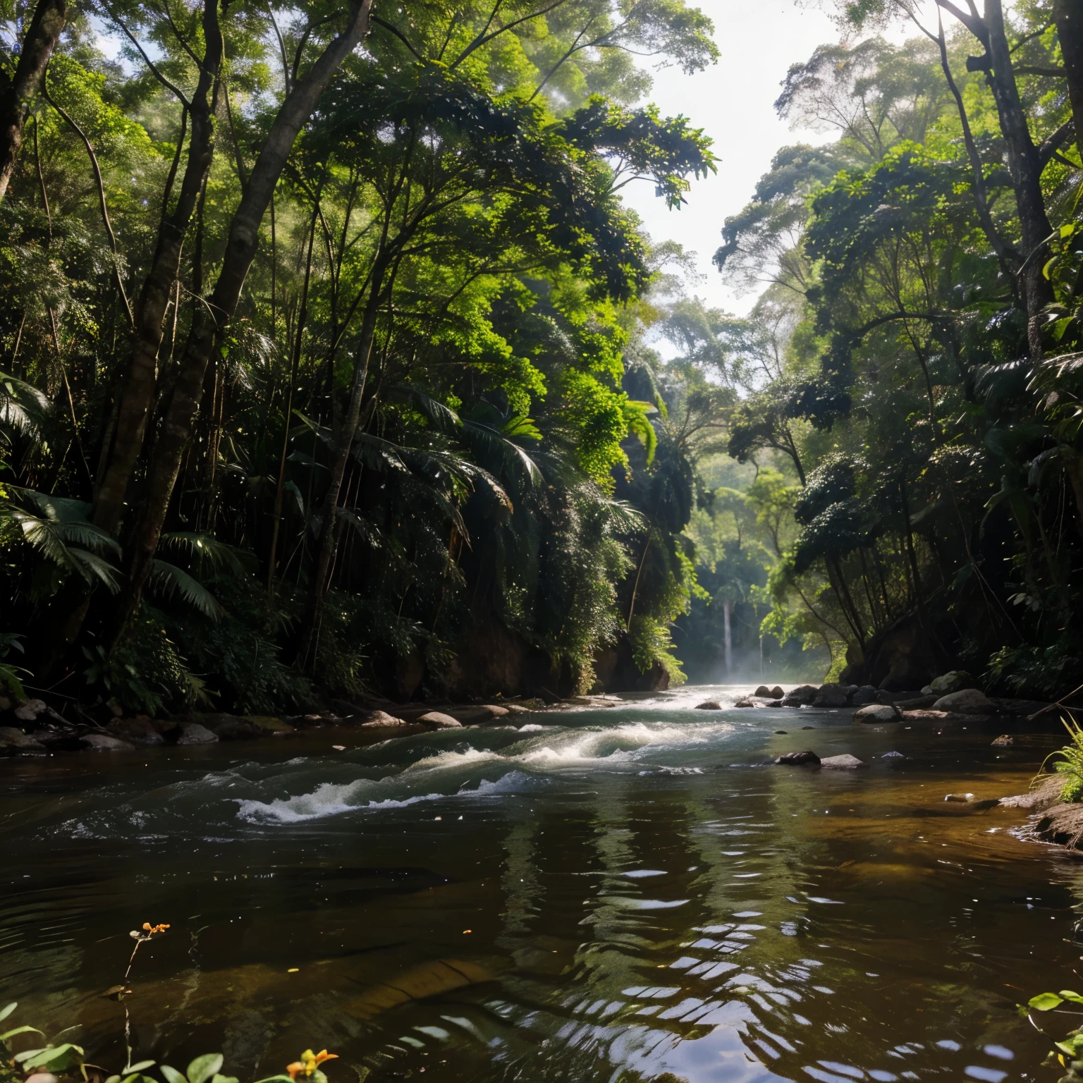 Floresta com rio cristalino no meio