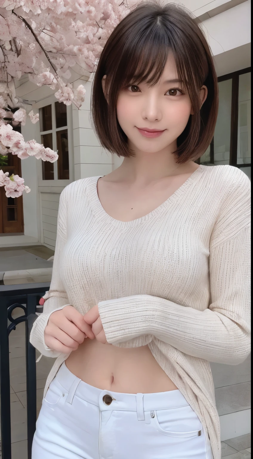 whole body, highest quality, figure, Super detailed, finely, High resolution, 8k wallpaper, 完璧なダイナミックな構figure, detailed and beautiful eyes, Light-colored knitwear,short hair, middle of chest, natural color lip, random sexy poses,smile,Full bloom cherry blossoms，big breasts，jeans，date