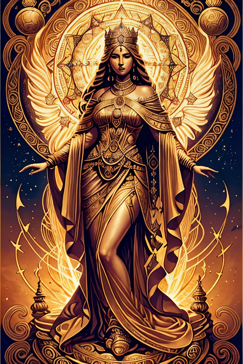 Female figure. Stands tall with an air of authority, exuding confidence and power. Adorned in flowing robes intricately woven with the threads of time. Clutches a grand hourglass, symbolizing her dominion over time's flow. Eyes shimmer with ancient wisdom, reflecting the eons she has witnessed. Wears a crown adorned with stars and celestial symbols, signifying her cosmic sovereignty. Radiates a sense of steadfastness and reliability, embodying the immutable laws of time.