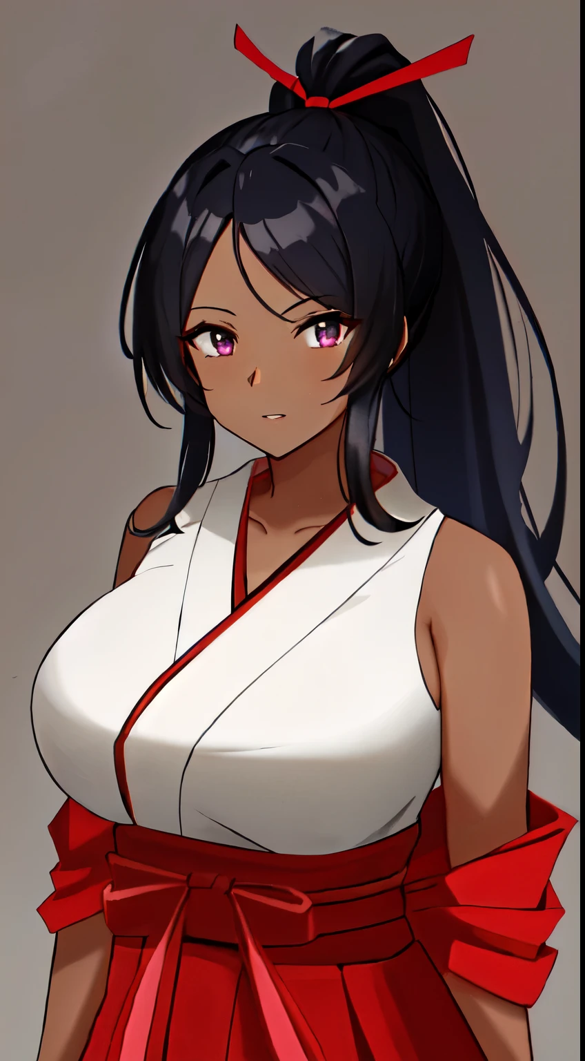 masterpiece, best quality, anime screeshot, a close photo, 1 girl, solo, standing, long hair, black hair, violet eyes,high ponytail, parted bangs, Red hair ribbon, red hakama and white kimono, big breasts, medium breasts, looking_at_viewer, expressionless, upper_body, dark skin, ((Village background:1.0)), (dark skin: 1.2)), 