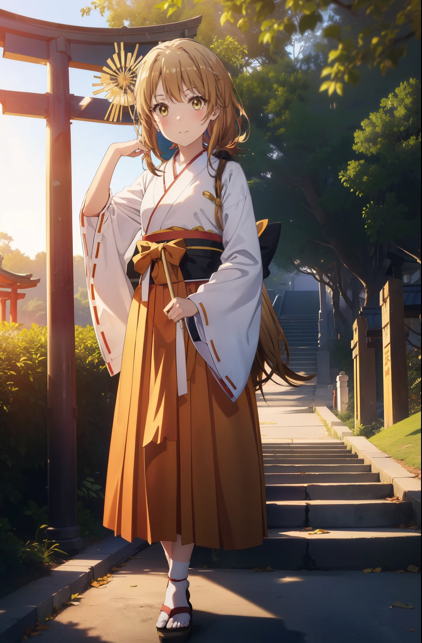 irohaisshiki, iroha isshiki, long hair, brown hair, (brown eyes:1.5), smile,blush,Platycodon,Miko, kimono, kimono, long red hakama,white foot bag,Zori sandals,same as skirt, wide sleeve, long sleeve, ribbon trim sleeves, low ponytail, Have a bamboo broom,looking at the viewer, Are standing, torii,morning,morning日,the sun is rising,
break outdoors, shrine,
break looking at viewer,
break (masterpiece:1.2), highest quality, High resolution, unity 8k wallpaper, (figure:0.8), (detailed and beautiful eyes:1.6), highly detailed face, perfect lighting, Very detailed CG, (perfect hands, perfect anatomy),