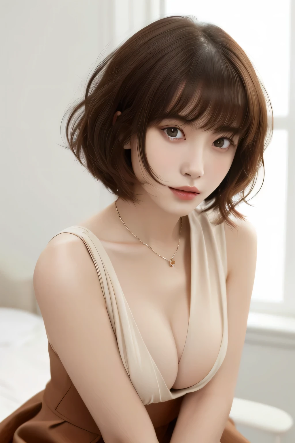 Masterpiece, top image quality, high resolution, Chinese girl, seductively sitting, low-cut sling neckline revealing ample cleavage, bangs hairstyle cascading over her forehead, wearing modern and fashionable clothes that accentuate her figure. The image captures her in a confident and alluring pose, inviting the viewer's gaze. The authentic skin texture is visible under the soft lighting, adding to the realism of the image. The details of her clothes and hairstyle are captured in exquisite detail, making this a true masterpiece.,nude