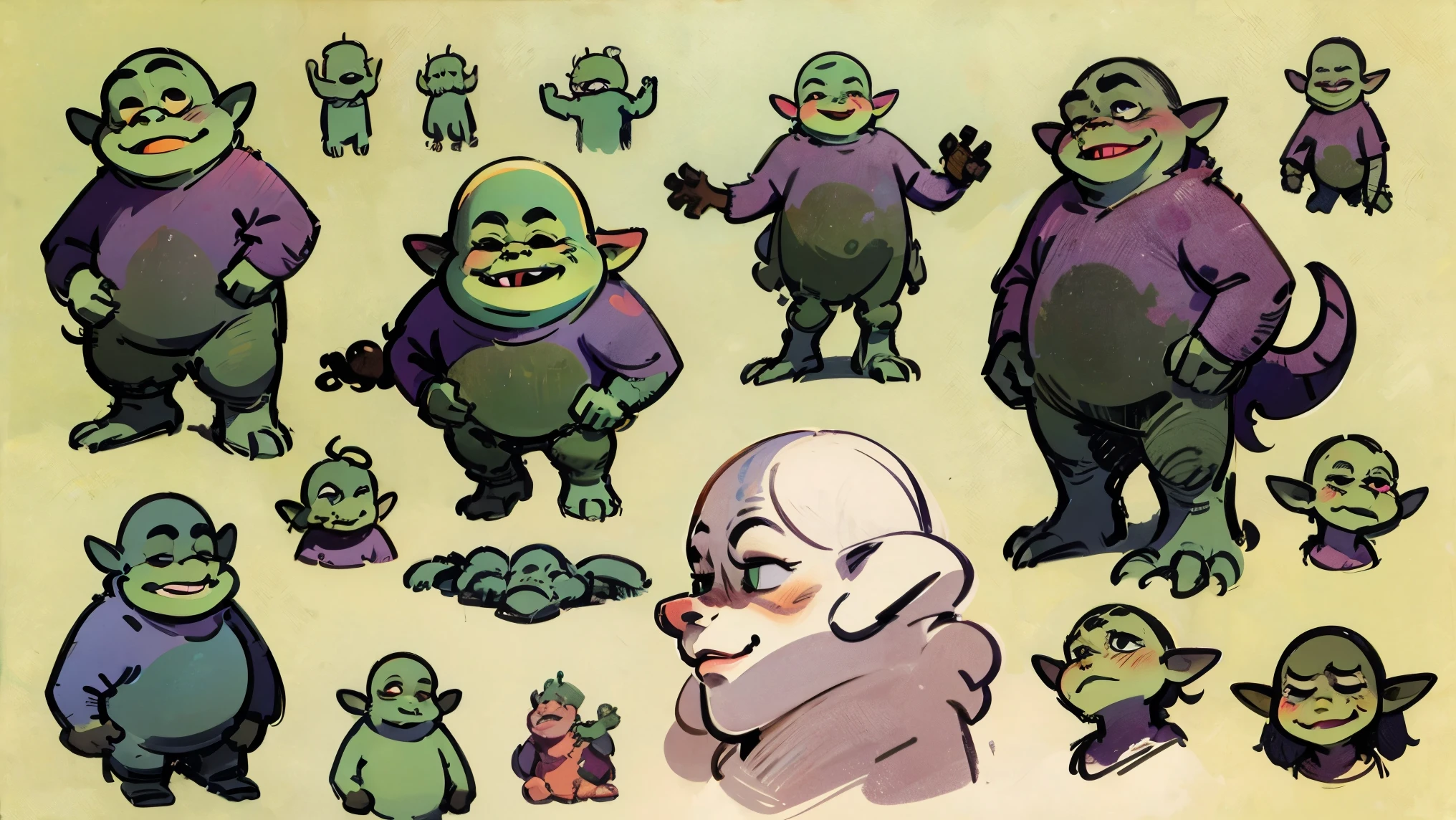 Concept art, sketch, simple style, pastel colours, Shrek, monster, goblin,