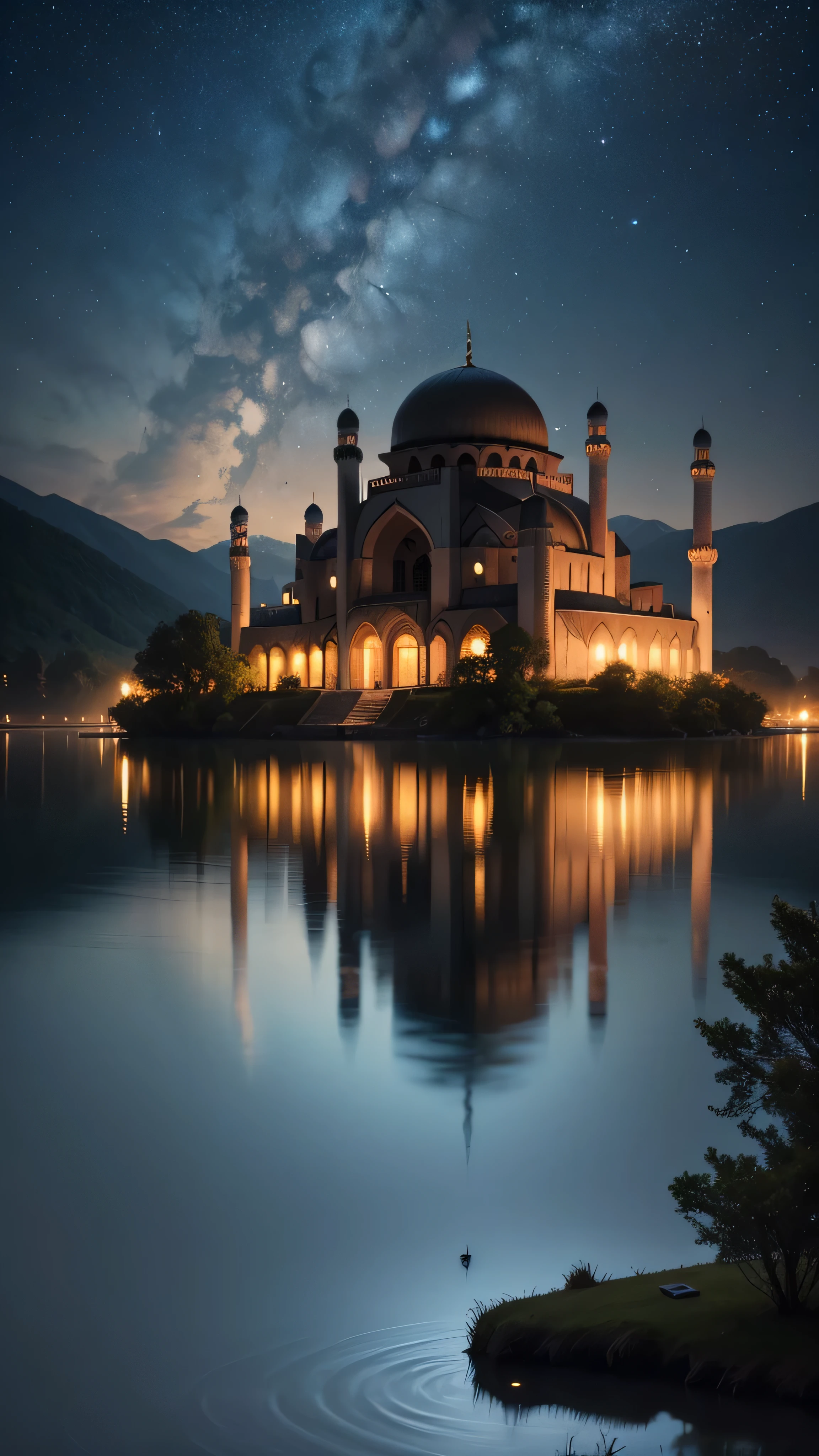 mosque on an island in the middle of a clear lake, in the middle of the night, trees on the edge of the lake and around the mosque, around the lake there are hills, with an night atmosphere, sky full of the stars, shooting stars, high resolution, super hd