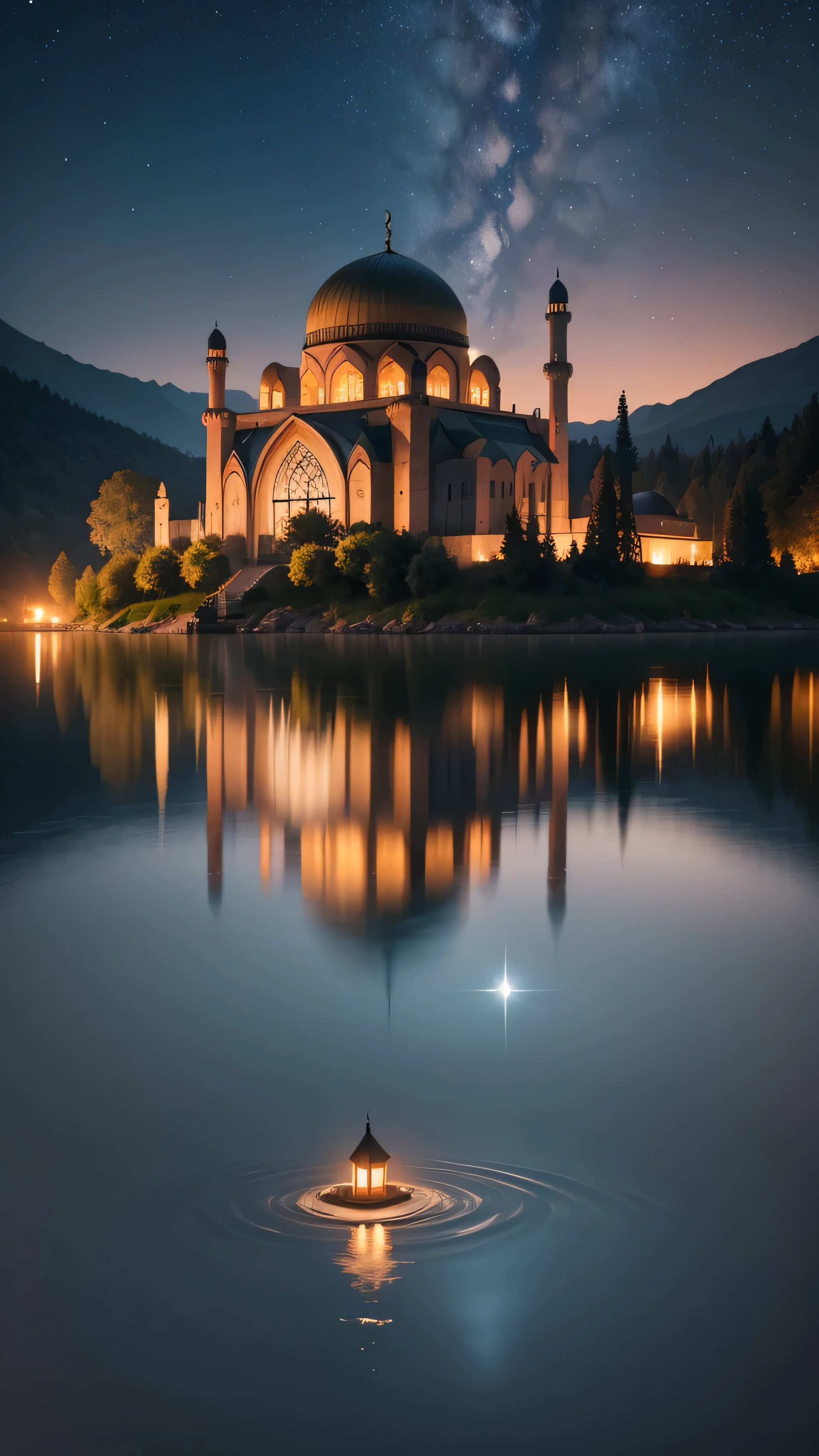 mosque on an island in the middle of a clear lake, in the middle of the night, trees on the edge of the lake and around the mosque, around the lake there are hills, with an night atmosphere, sky full of the stars, shooting stars, high resolution, super hd