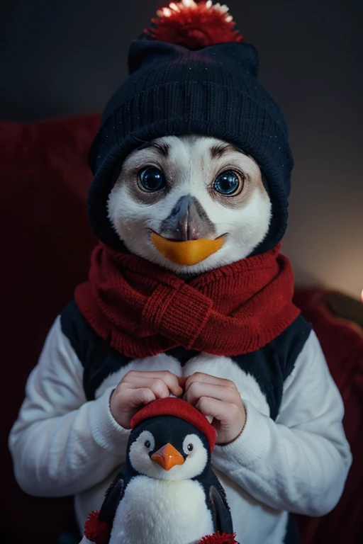 (a penguin) wearing a red hat with a pom-pom, a blue scarf, (matching eyes), resembling a soft toy for children, (cinematic lighting), in a photography style, (without any background), with high-resolution at 4k resolution.