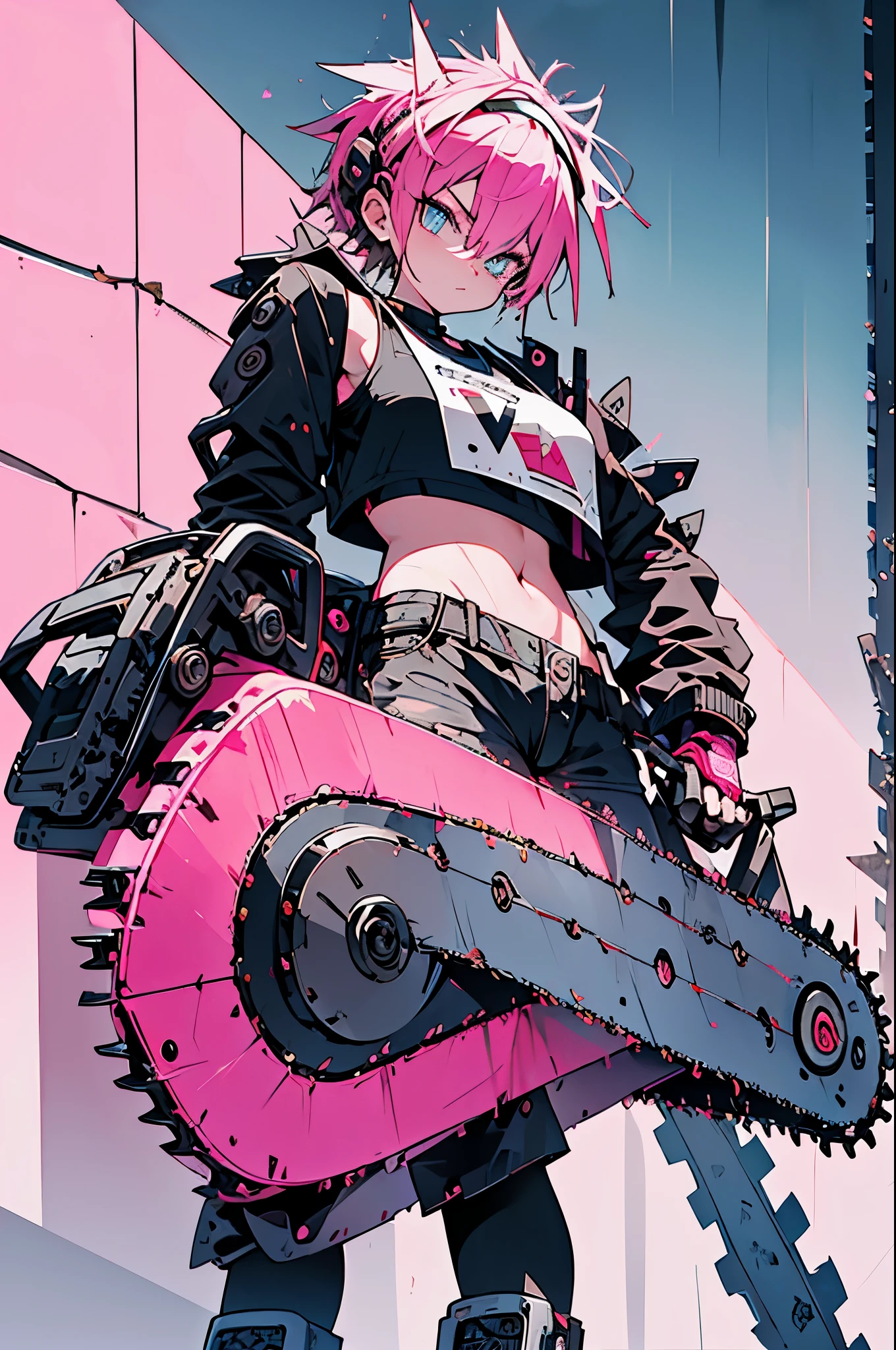 Best image quality,(best quality:1.1),(ultra-detailed:1.1), cowboy shot, (one woman, punk fashion woman, pink spiky hair, other shaved, sharp eyes, sparkling blue eyes, glaring expression), (black leather jacket with lots of studs, short pink tank top, rabbit illustration, low-rise denim shorts with visible belly button, black work boots), (Holding a chainsaw:1.5),dynamic pose, dynamic angle, red stucco wall background,