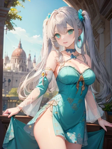 The arrival of spring、big butt、 (alone:1.5,)Super detailed,bright colors, very beautiful detailed anime face and eyes, look straight, ;d, shiny_skin,girl, ((silver long hair,Inner color is red 、forehead is exposed.、green eyes、、shiny hair, delicate beautiful face, blush、(turquoise eyes), White skin, Valletta, earrings,、blue flower field、(chiffon dress,blue floral pattern on uniform)/=(uniform:1.24),(removed sleeve,wide sleeve),(fingerless gloves),choker,(Priestess Niso)、Lace long skirt、twin tails