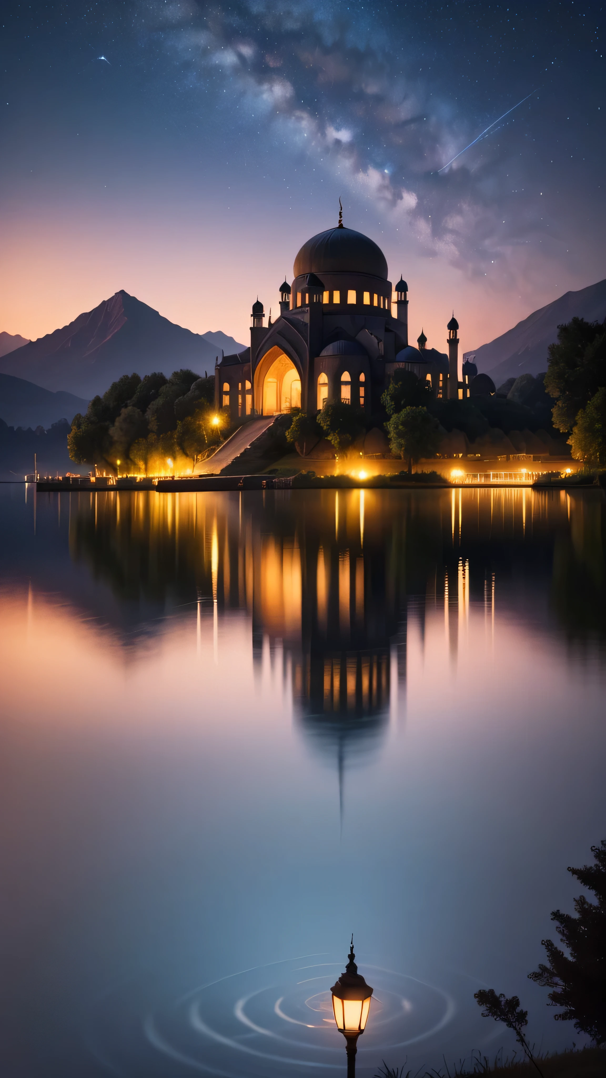 mosque on an island in the middle of a clear lake, in the middle of the night, trees on the edge of the lake and around the mosque, around the lake there are hills, with an night atmosphere, sky full of the stars, shooting stars, high resolution, super hd