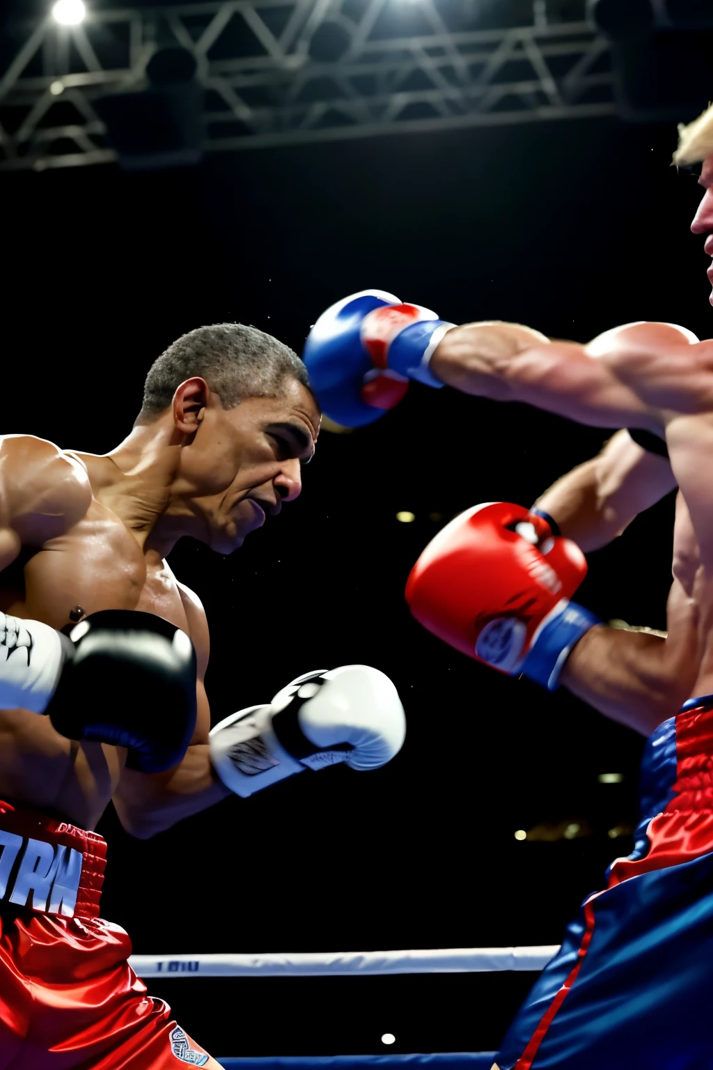 Donald Trump, a 75-year-old man with orange hair and tanned complexion, is seen getting knocked out in a intense boxing match against Barack Obama, his former counterpart, in this unforgettable image. ((presidentes anteriores)).
Trump's hair, now disheveled, contrasts sharply with the polished, dark-haired Obama. Their determined expressions are etched on their faces as they face off in the ring with boxing gloves in hand.
Obama throws a decisive punch, catching Trump off guard, sending him crashing to the mat with a thud. Trump's incredulous expression as he hits the floor reveals his shock