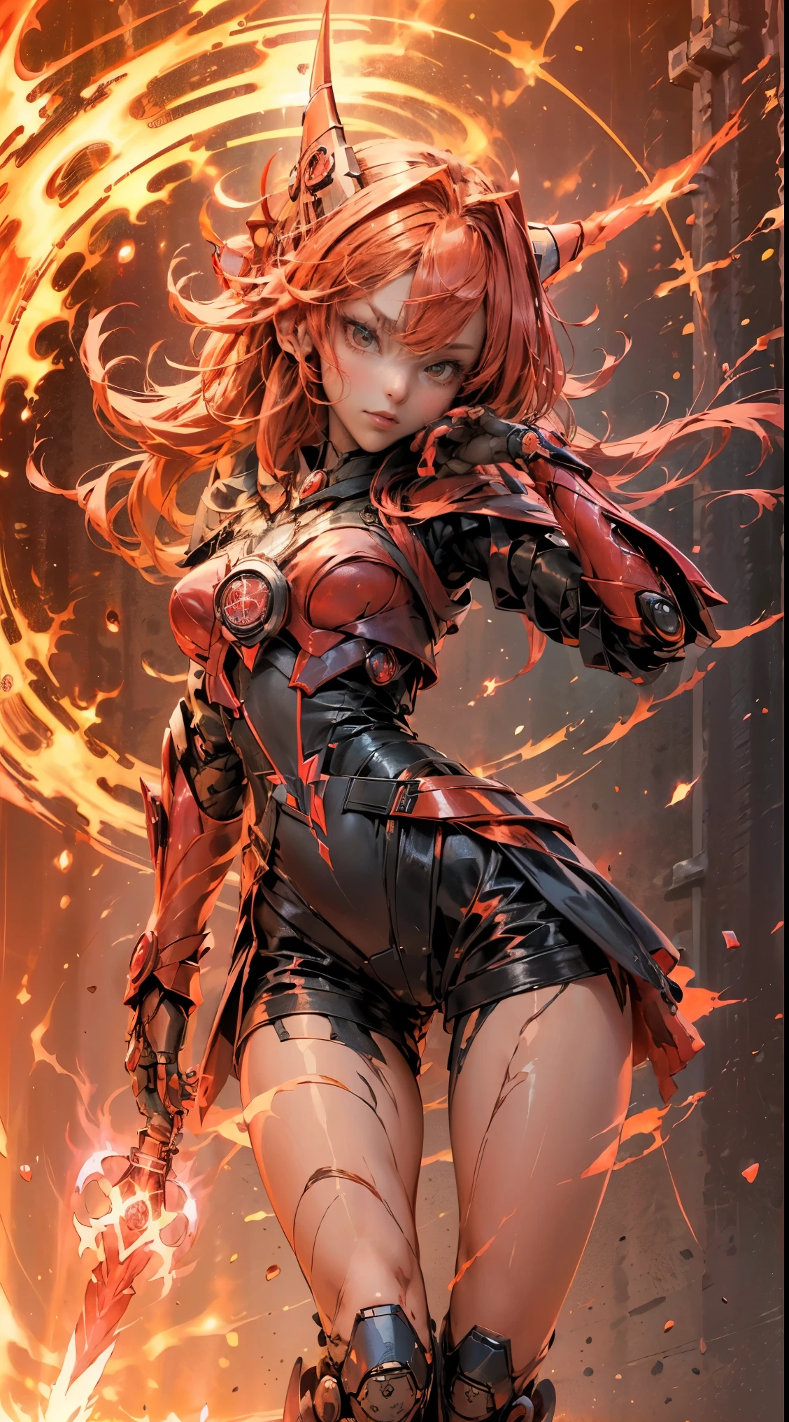 (mesa,extremadamente detallado, Mechas pesadas, superficie dura),(Arte conceptual:1.1),(Shielded core style:0.8), A woman in robo ninja armor is standing.,(cuerpo rojo:1.1),(patas largas:1.1),(Equipado con sable y cadena.:1.1),(Un ojo detallado:1.3),(Una cara detallada:1.3),(Armas detalladas:1.3),(Cuerpo detallado:1.3),((cuerpo completosbian:1.5)),(The background is a crimson flame..:1.5),realista