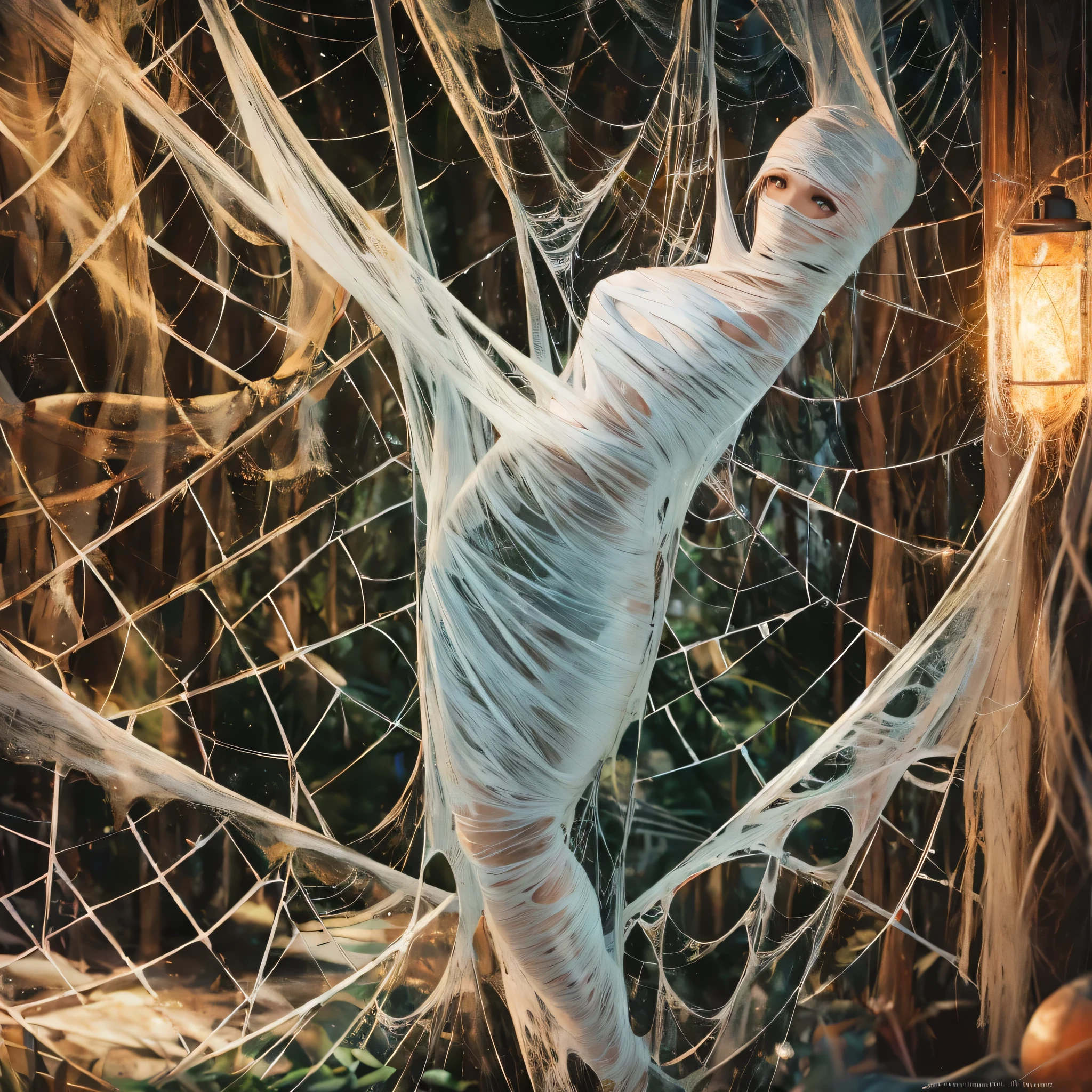 best quality,ultra-detailed,classroom,photorealistic,hanging,spiders in the web,long spider legs,beautiful girl,desperate struggle,entangled,despair,cocoon