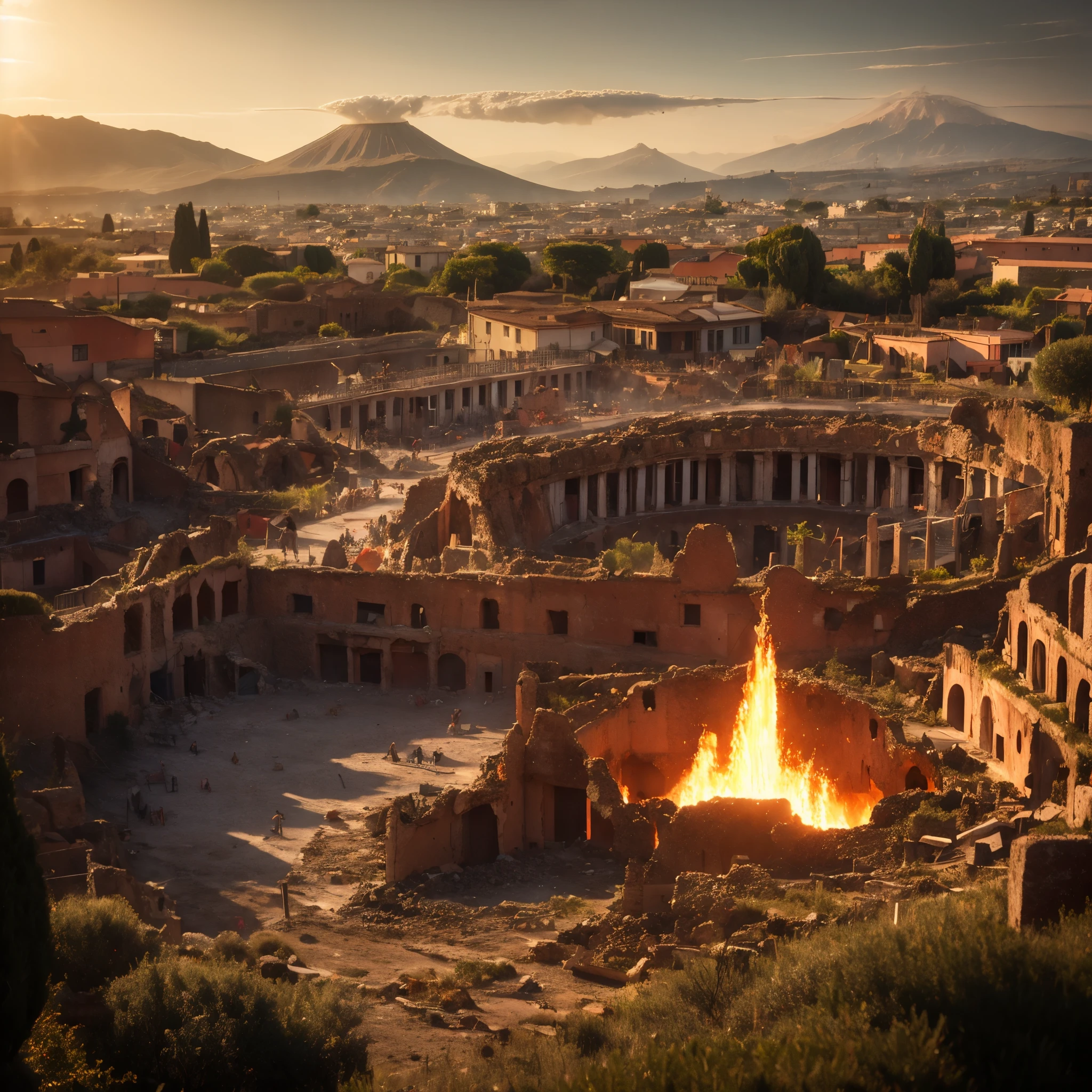 Vesuvius erupts, incandescent lava submerges Pompeii. Roman ruins and wasted Colosseum. Dawn over ancient Pompeii, ancient Rome, the city of Pompeii, the heyday, behind roman city the volcano Vesuvius erupting, lava runs in the streets and over houses in flames. Roman pillars. 8k render, HDR,