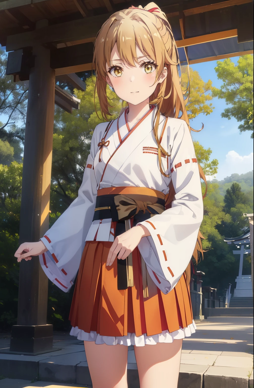 irohaisshiki, iroha isshiki, long hair, brown hair, (brown eyes:1.5), smile,blush,Platycodon,Miko, kimono, kimono, long red hakama,white foot bag,Zori sandals,same as skirt, wide sleeve, long sleeve, ribbon trim sleeves, low ponytail, looking at the viewer, Are standing, torii,morning,morning日,the sun is rising,
break outdoors, shrine,
break looking at viewer,Upper body,
break (masterpiece:1.2), highest quality, High resolution, unity 8k wallpaper, (figure:0.8), (detailed and beautiful eyes:1.6), highly detailed face, perfect lighting, Very detailed CG, (perfect hands, perfect anatomy),