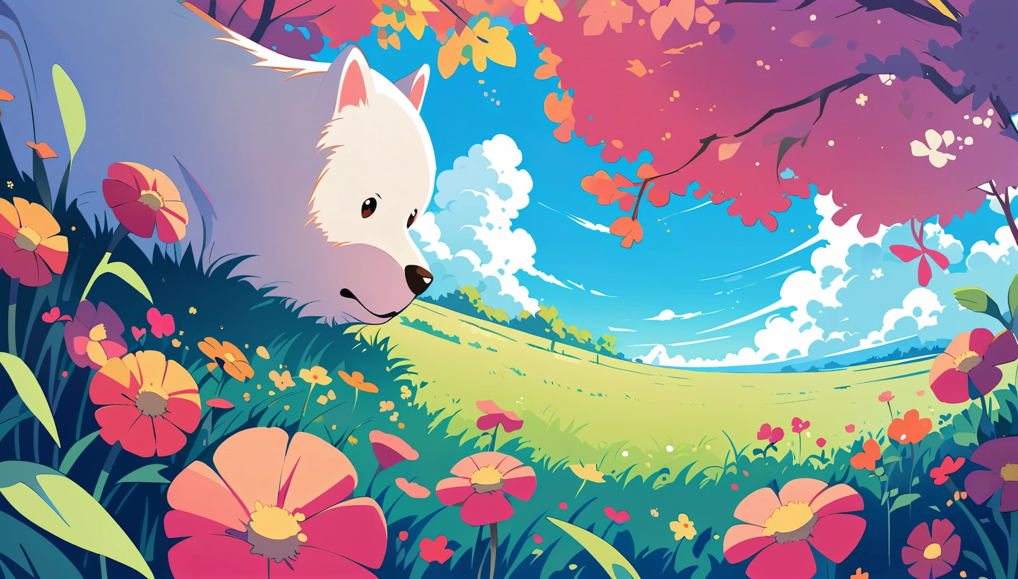 A cute dog on the grass, blue sky and white clouds in the background, anime style, pastel colors, green meadow with flowers, high resolution, illustration, flat design, high details, digital art, in the style of Hayao Miyazaki's Ghibli studio.
