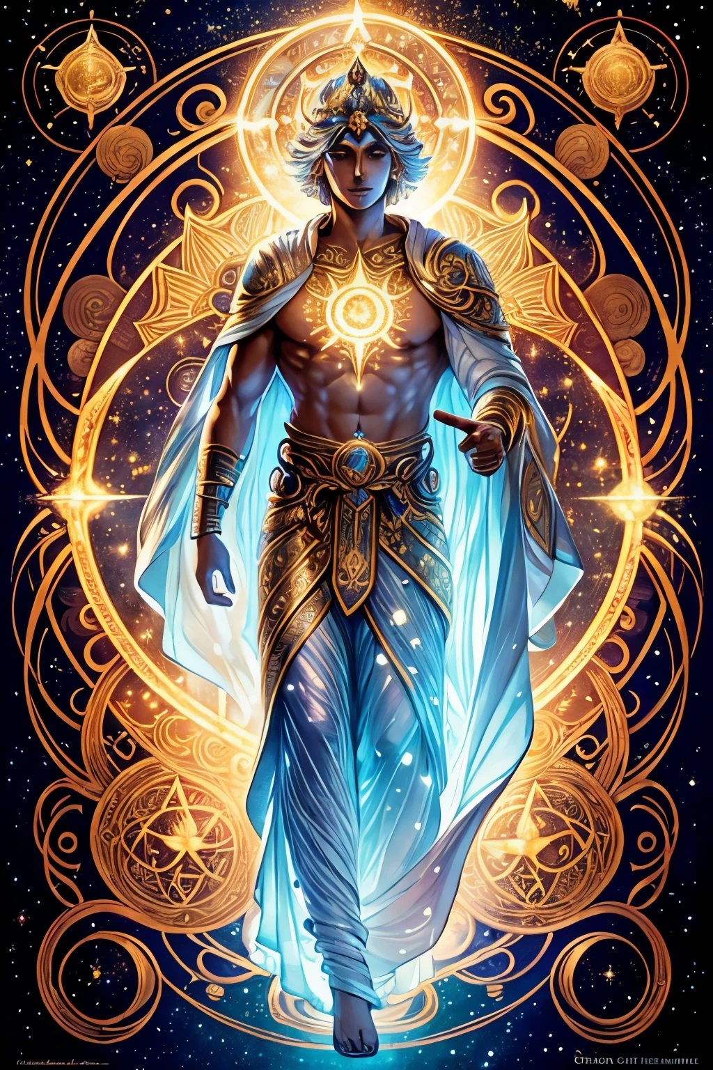 male figure. Radiates with a luminous glow, like a celestial beacon in the cosmos.Adorned with celestial symbols and tools, symbolizing his role as the cosmic craftsman. Surrounded by swirling patterns of light and energy, showcasing his creative prowess. Draped in robes woven from the fabric of the stars, shimmering with celestial hues. Eyes gleam with the brilliance of distant suns, reflecting his nurturing presence. Projects an aura of tranquility and serenity, embodying harmony and balance in the universe.