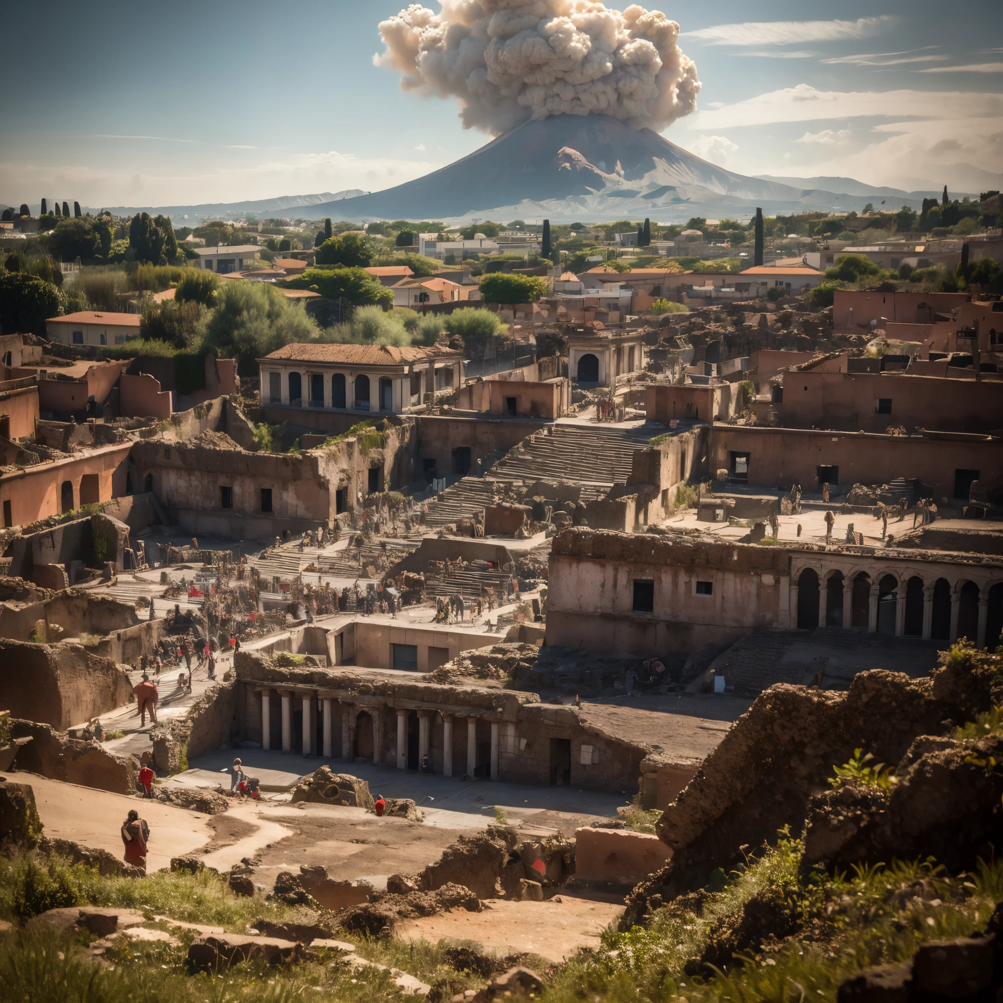 Vesuvius erupts, incandescent lava submerges Pompeii. Roman ruins and wasted Colosseum. Dawn over ancient Pompeii, ancient Rome, the city of Pompeii, the heyday, behind roman city the volcano Vesuvius erupting, lava runs in the streets and over houses in flames. Roman pillars in front view. Close up of pillars. 8k render, HDR,